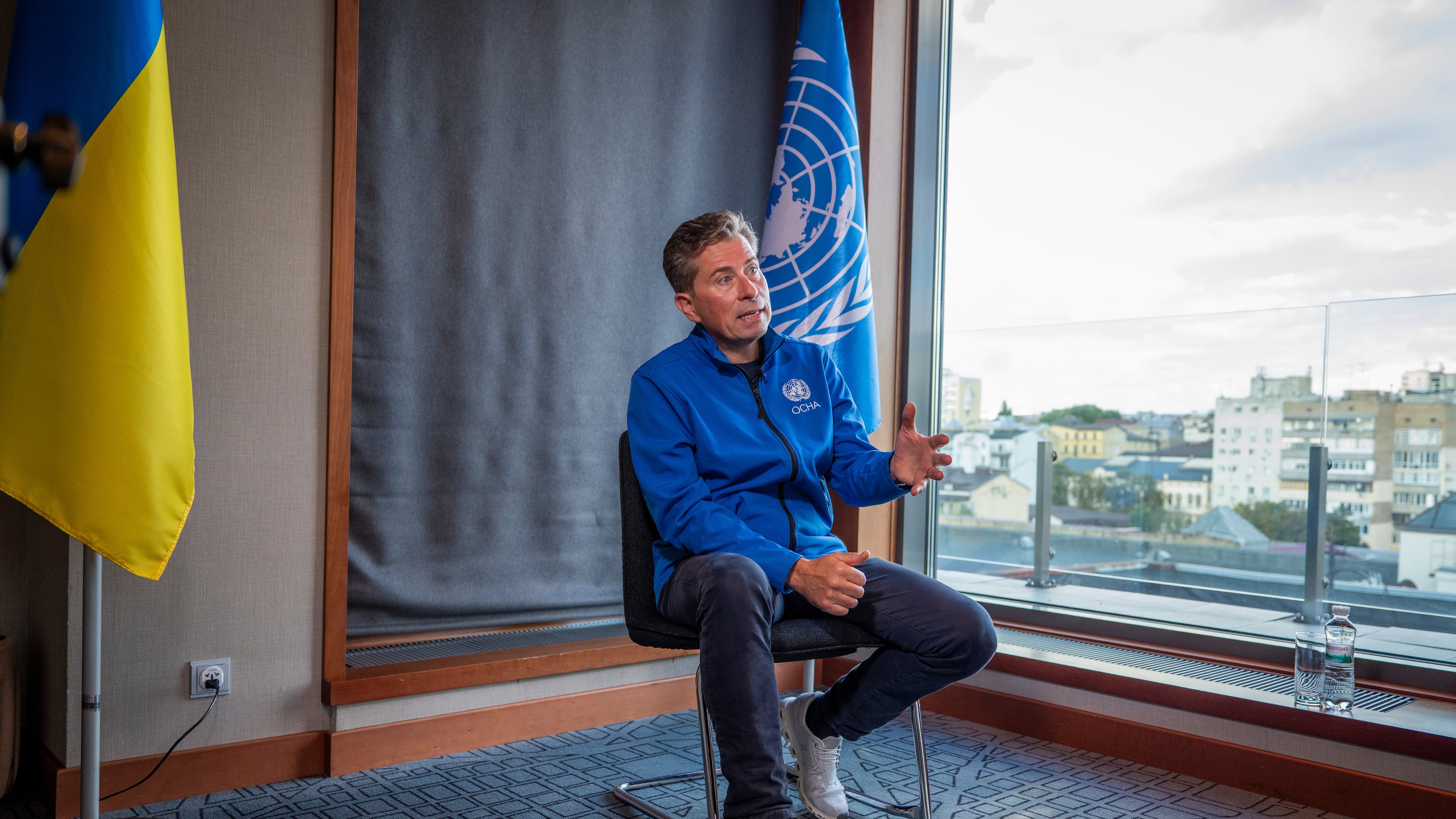 Tom Fletcher, United Nations Under-Secretary-General for Humanitarian Affairs and Emergency Relief Coordinator, speaks during an interview in Kyiv, Ukraine, Wednesday, Aug. 19, 2026. (AP Photo/Dan Bashakov)