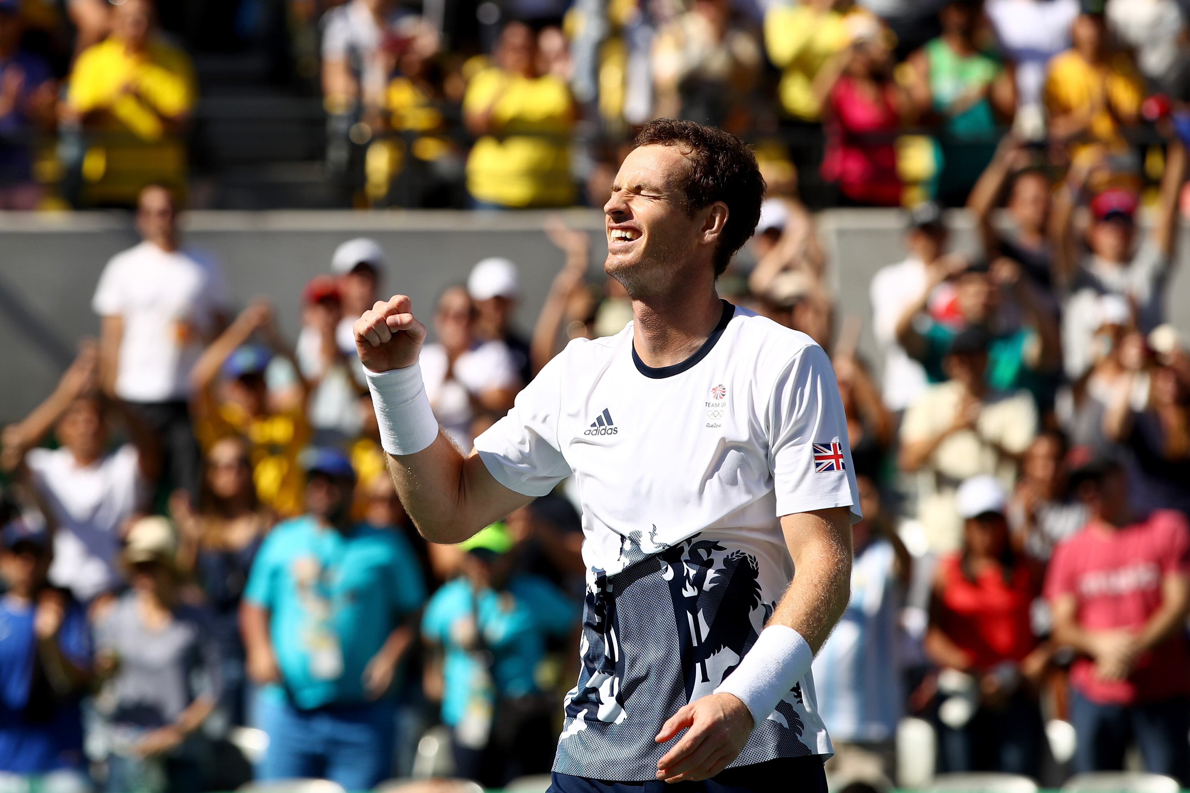 RIO DE JANEIRO, BRAZIL - AUGUST 13: Andy Murray of Great Britain celebrates after defeating Kei Nishikori of Japan in the Men's Singles Semifinal Match on Day 8 of the Rio 2016 Olympic Games at the Olympic Tennis Centre on August 13, 2016 in Rio de Janeiro, Brazil. Murray defeated Nishikori 6-1, 6-4. (Photo by Clive Brunskill/Getty Images)