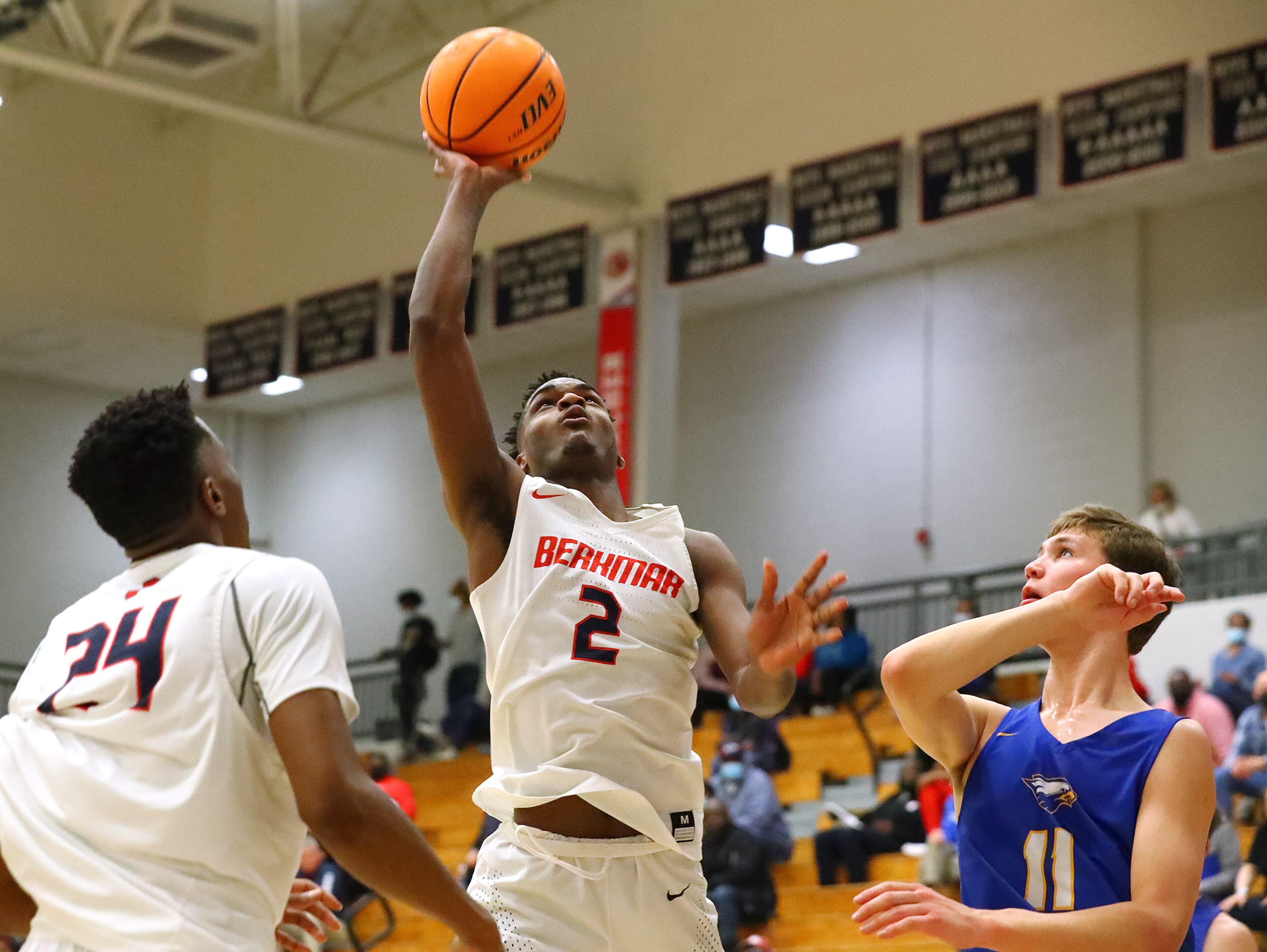 022222 Berkmar: Berkmar guard Jermahri Hill goes to the basket with the rebound for two against Etowah in a high school basketball tournament on Tuesday, Feb. 22, 2022, in Lilburn. “Curtis Compton / Curtis.Compton@ajc.com”`