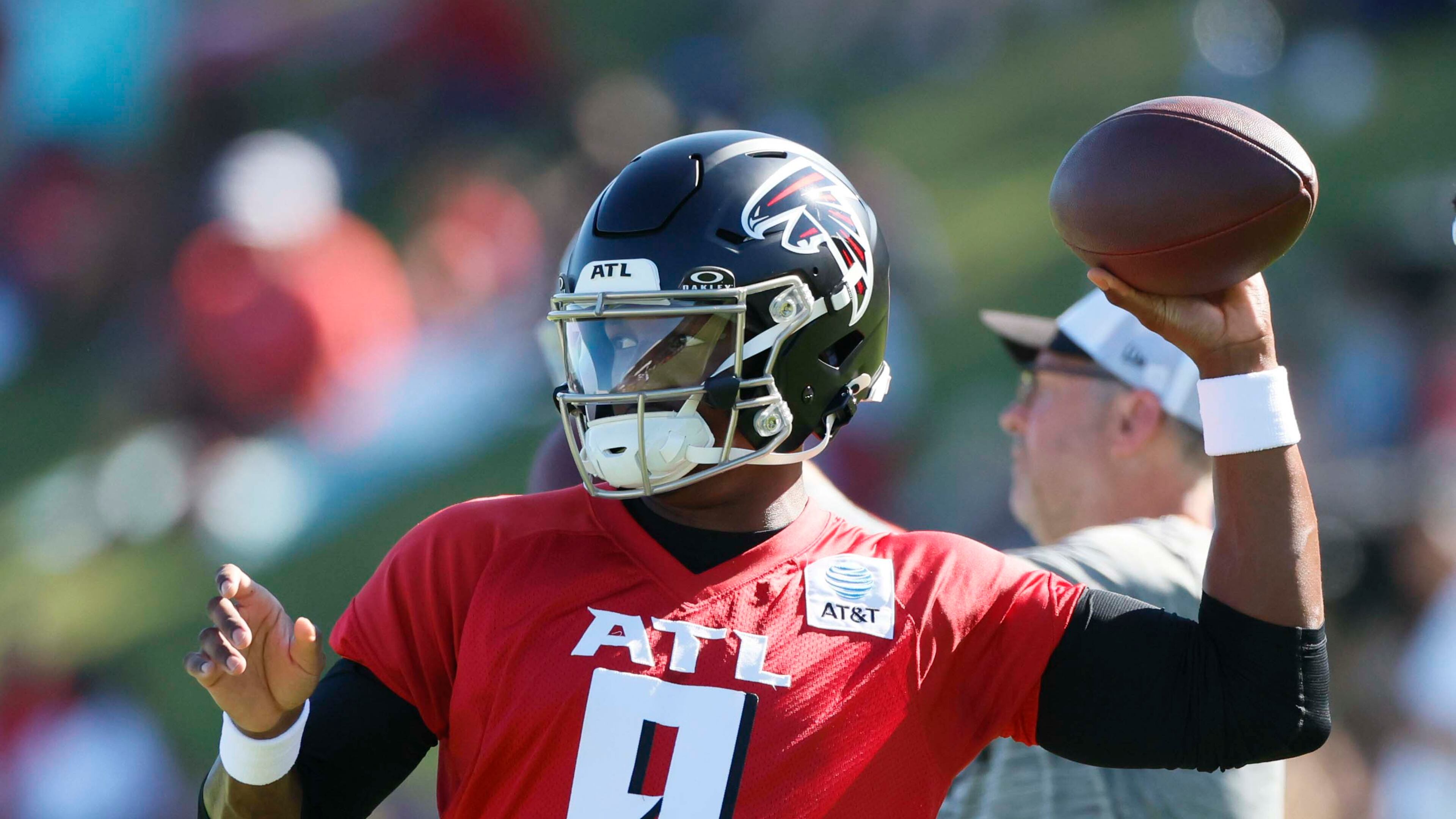 Falcons quarterback Michael Penix Jr. attempts a pass during training camp Sunday, July 27, 2025, in Flowery Branch. Penix and Kirk Cousins likely will not play in the preseason. (Miguel Martinez/AJC)