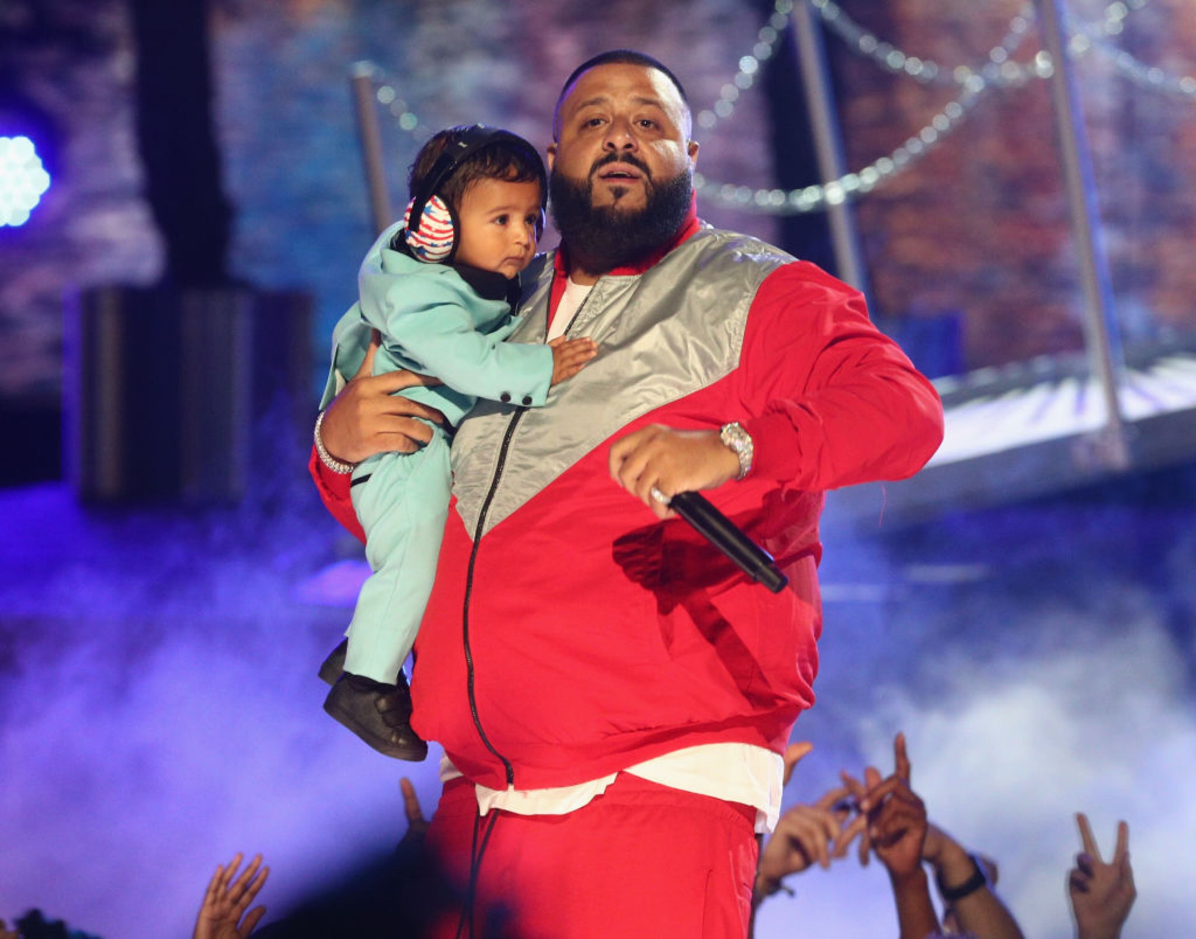 LOS ANGELES, CA - JUNE 25: DJ Khaled performs onstage with his son Asahd Tuck Khaled at 2017 BET Awards at Microsoft Theater on June 25, 2017 in Los Angeles, California. (Photo by Frederick M. Brown/Getty Images )
