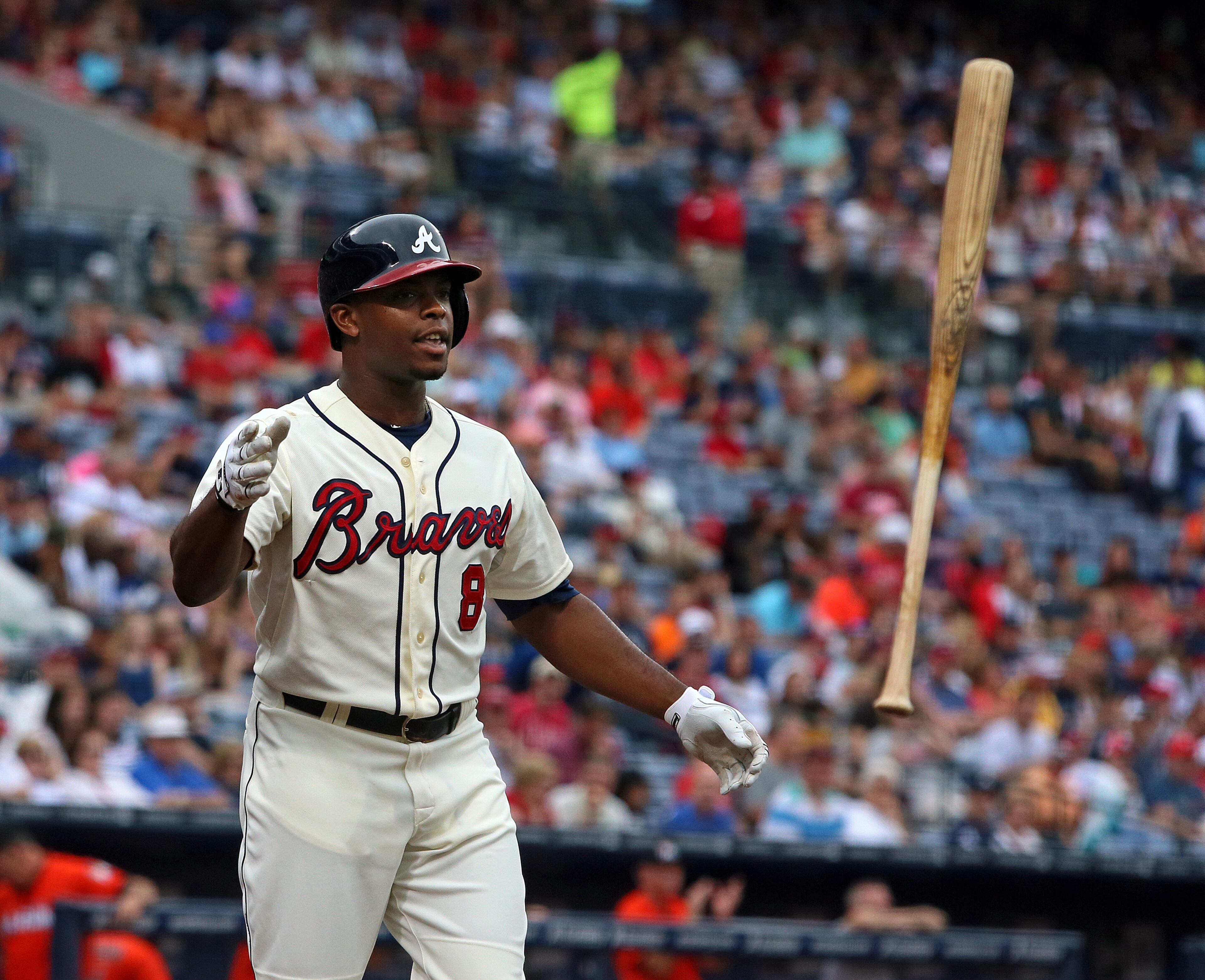Justin Upton tosses his bat after striking out against the Marlins during the first inning.