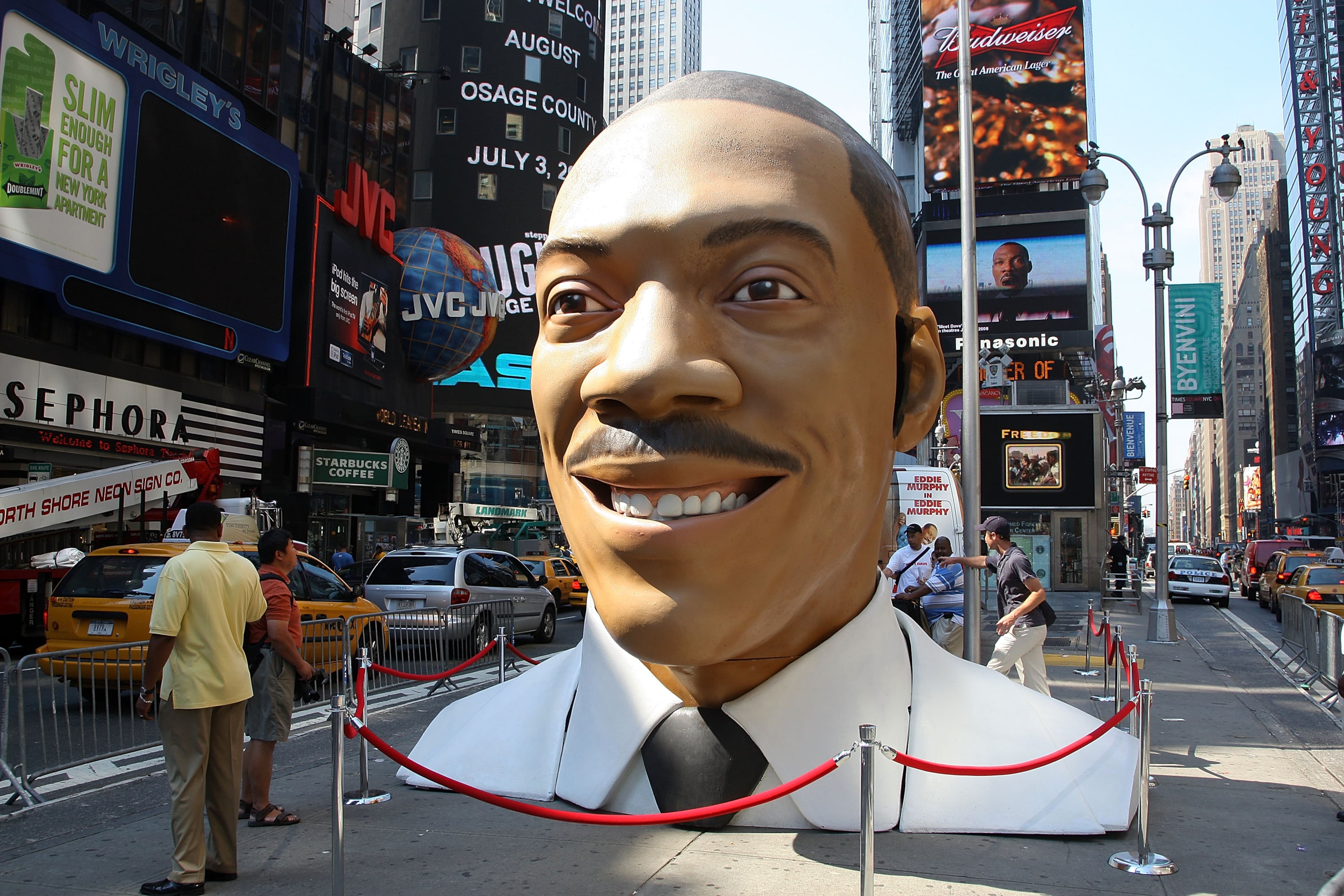 NEW YORK - JULY 03: Overview of the "Meet Dave" 15-Foot replica of Eddie Murphy's Head at Military Island in Times Square on July 3, 2008 in New York City. (Photo by Andrew H. Walker/Getty Images)