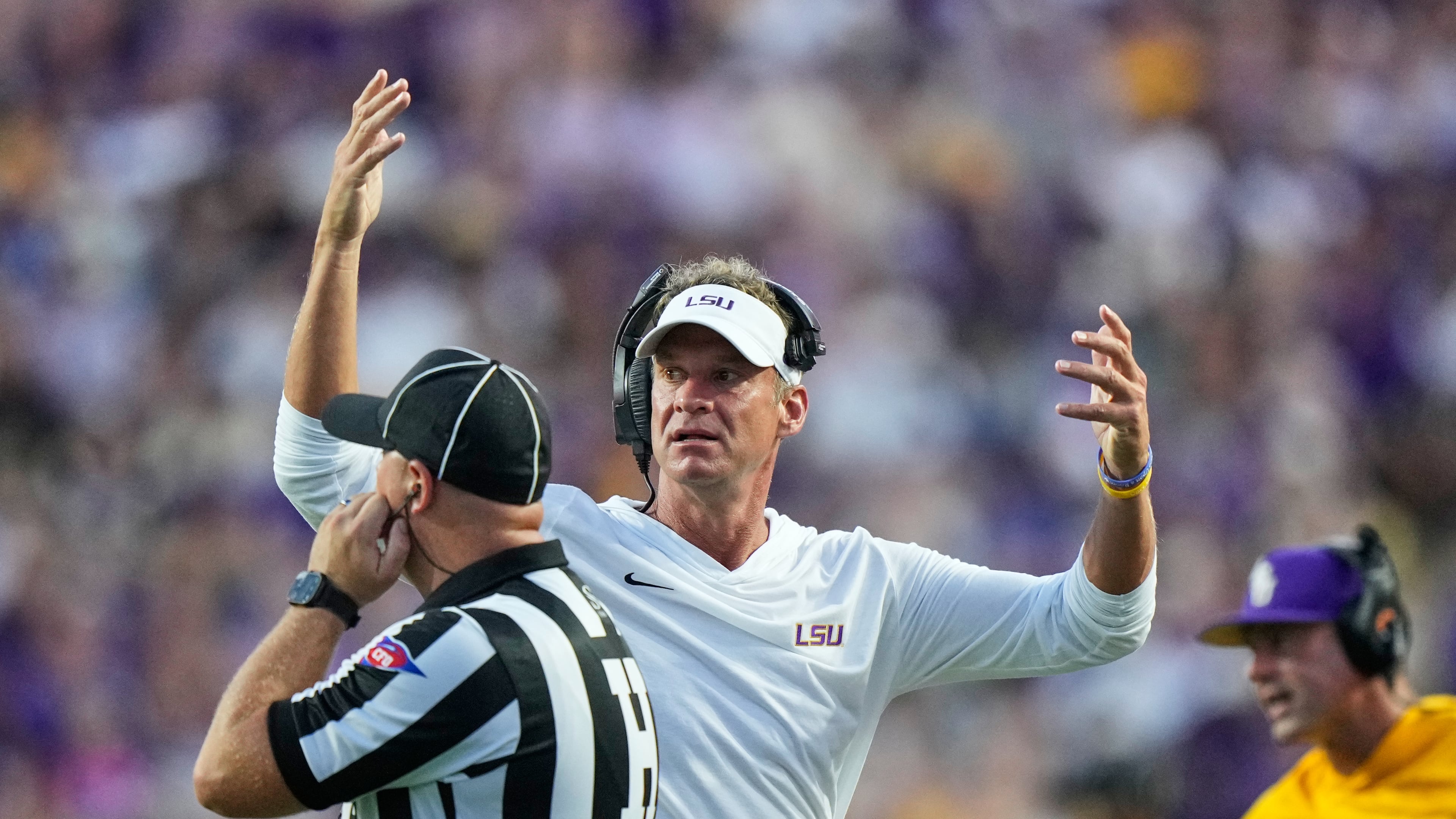 LSU head coach Lane Kiffin reacts to a call in the first half of an NCAA college football game against Louisiana Tech, Saturday, Sept. 12, 2026 in Baton Rouge, La. (AP Photo/Gerald Herbert)