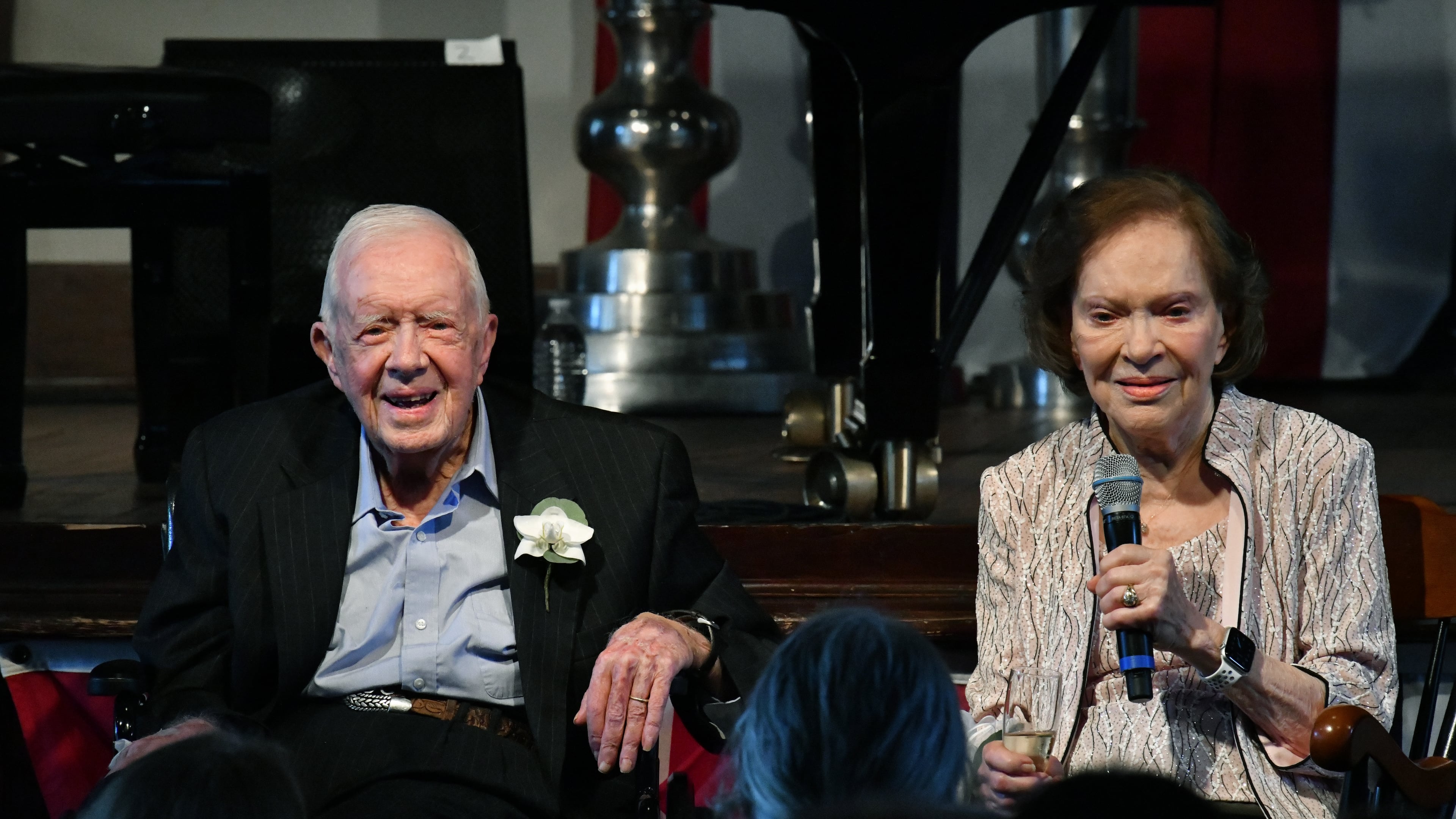 Former President Jimmy Carter and his wife, Rosalynn, celebrate their 75th wedding anniversary with a private reception for more than 300 invited guests at Plains High School on Saturday, July 10, 2021, in Plains. (Hyosub Shin/AJC)