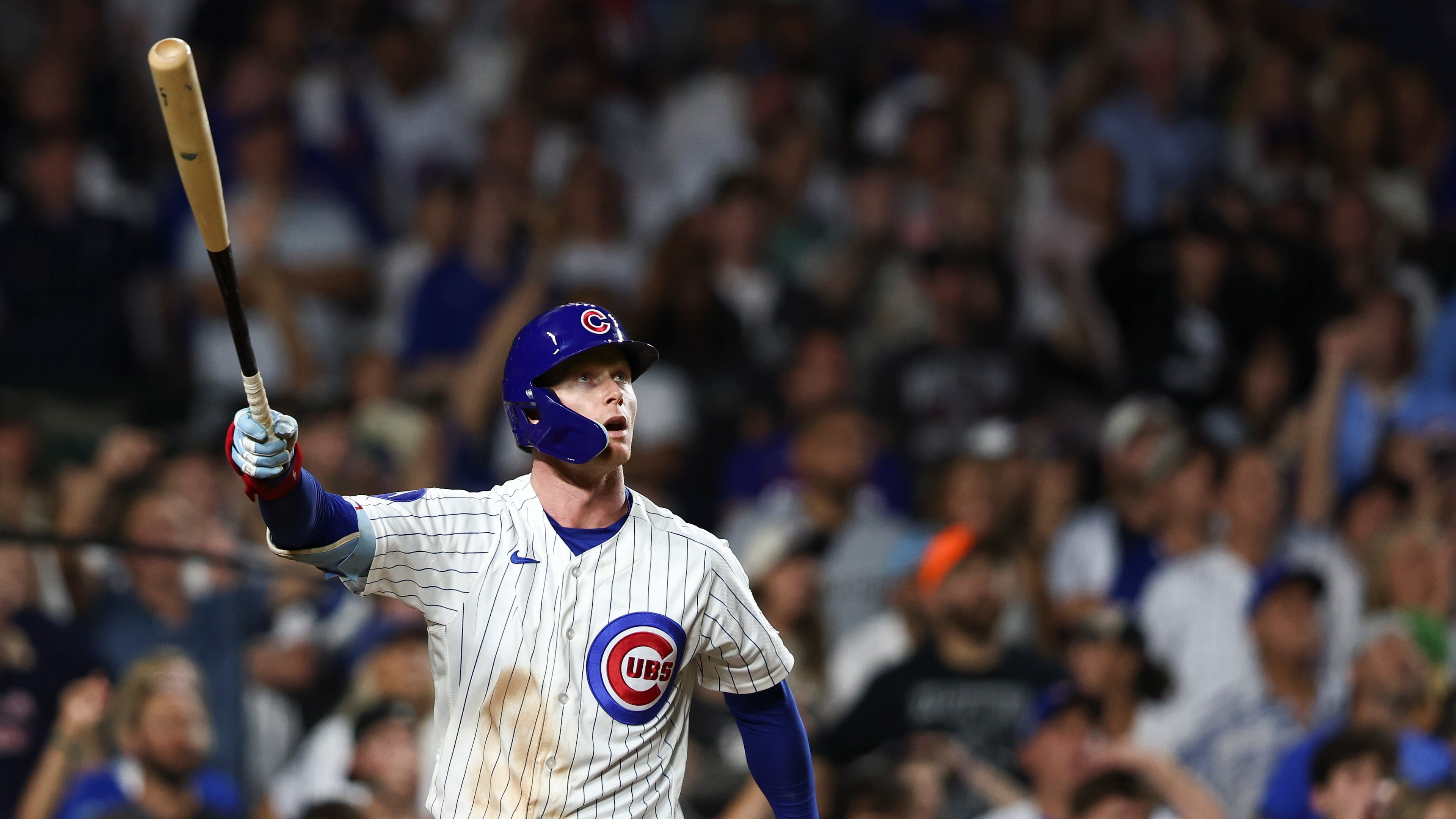 Chicago Cubs' Pete Crow-Armstrong watches his walkoff home run during the 10th inning of a baseball game to defeat the Chicago White Sox in Chicago, Monday, Aug. 17, 2026. (AP Photo/Jessie Alcheh)