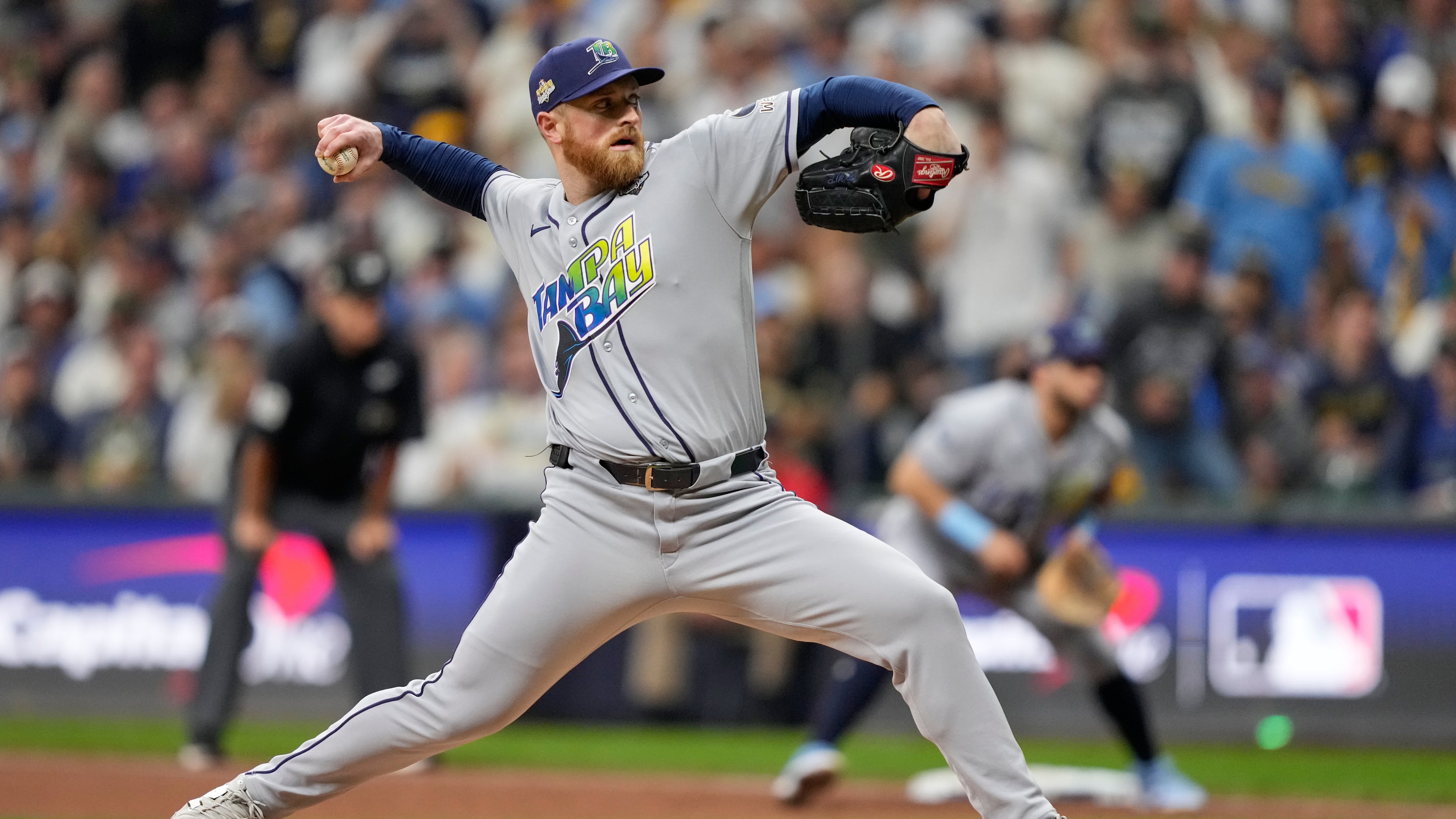 Tampa Bay Rays pitcher Drew Rasmussen throws during first inning of Game 2 of baseball's World Series, Saturday, Oct. 24, 2026, in Milwaukee, between the Milwaukee Brewers and the Tampa Bay Rays. (AP Photo/Kayla Wolf)