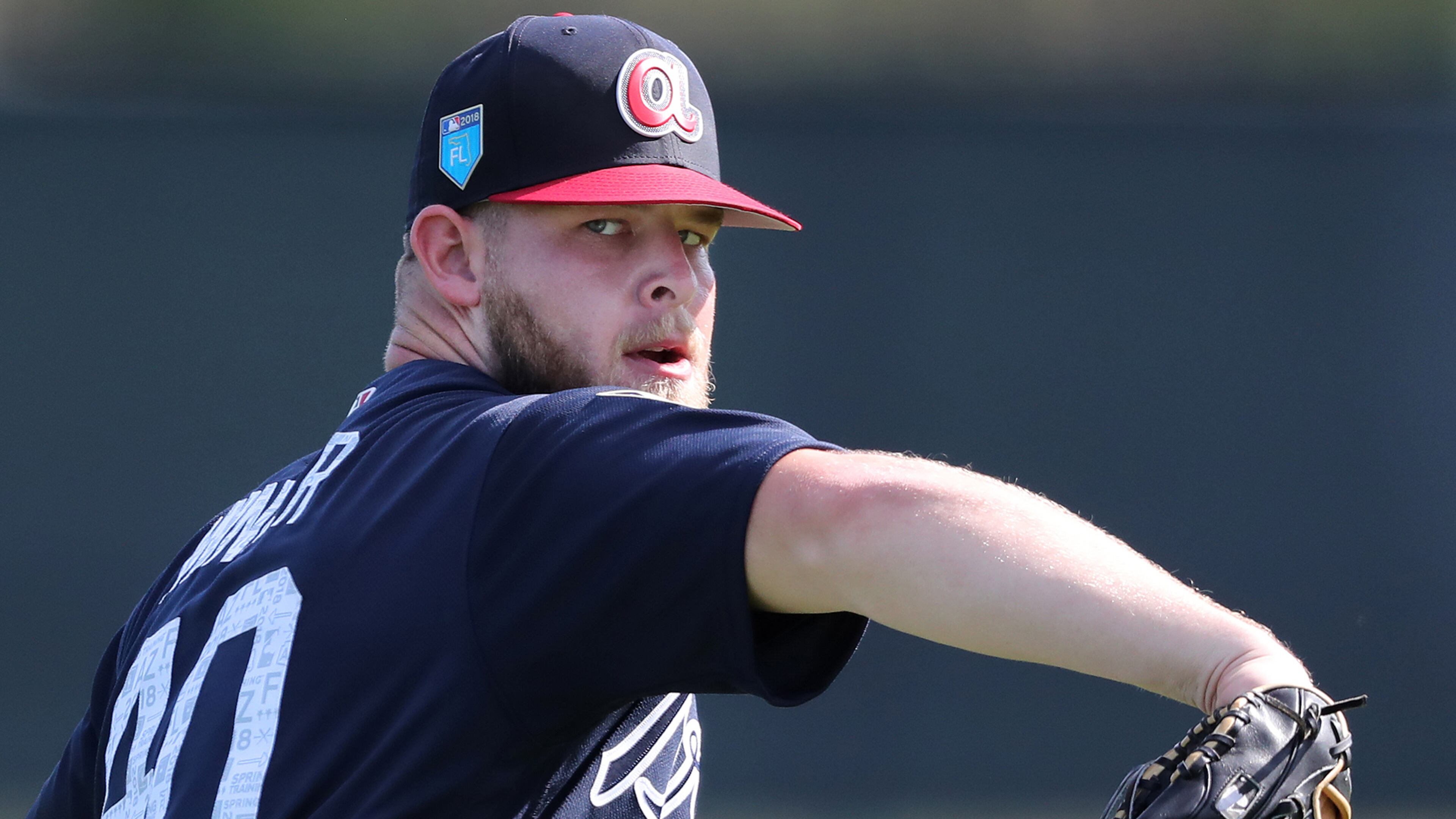 Braves pitcher A.J. Minter loosens up his arm on Thursday, Feb 15, 2018, at the ESPN Wide World of Sports Complex in Lake Buena Vista, Fla.