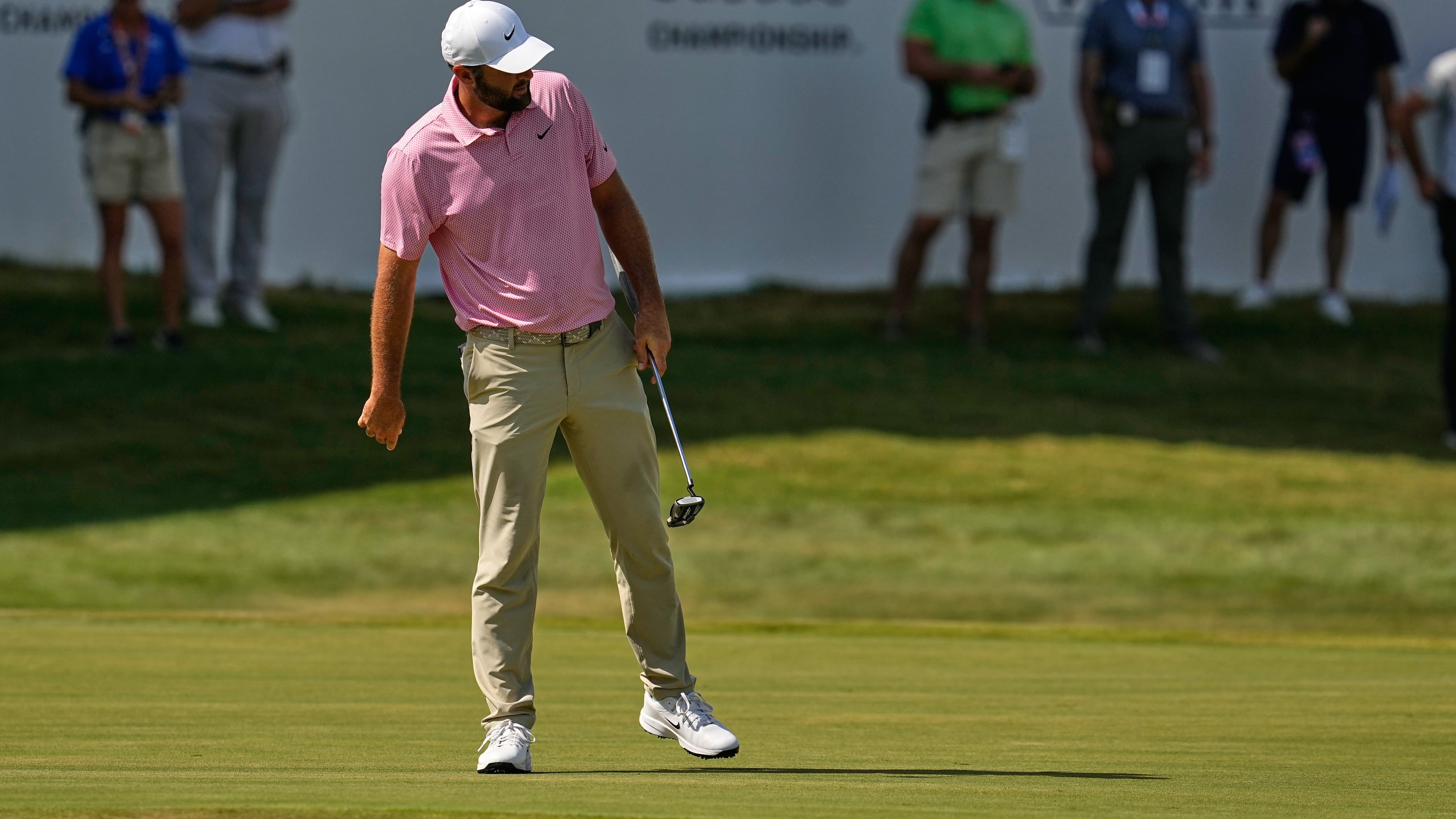 Scottie Scheffler misses a birdie try on the 18th hole during the second round of the St. Jude Championship golf tournament Friday, Aug. 14, 2026, in Memphis, Tenn. (AP Photo/George Walker IV)