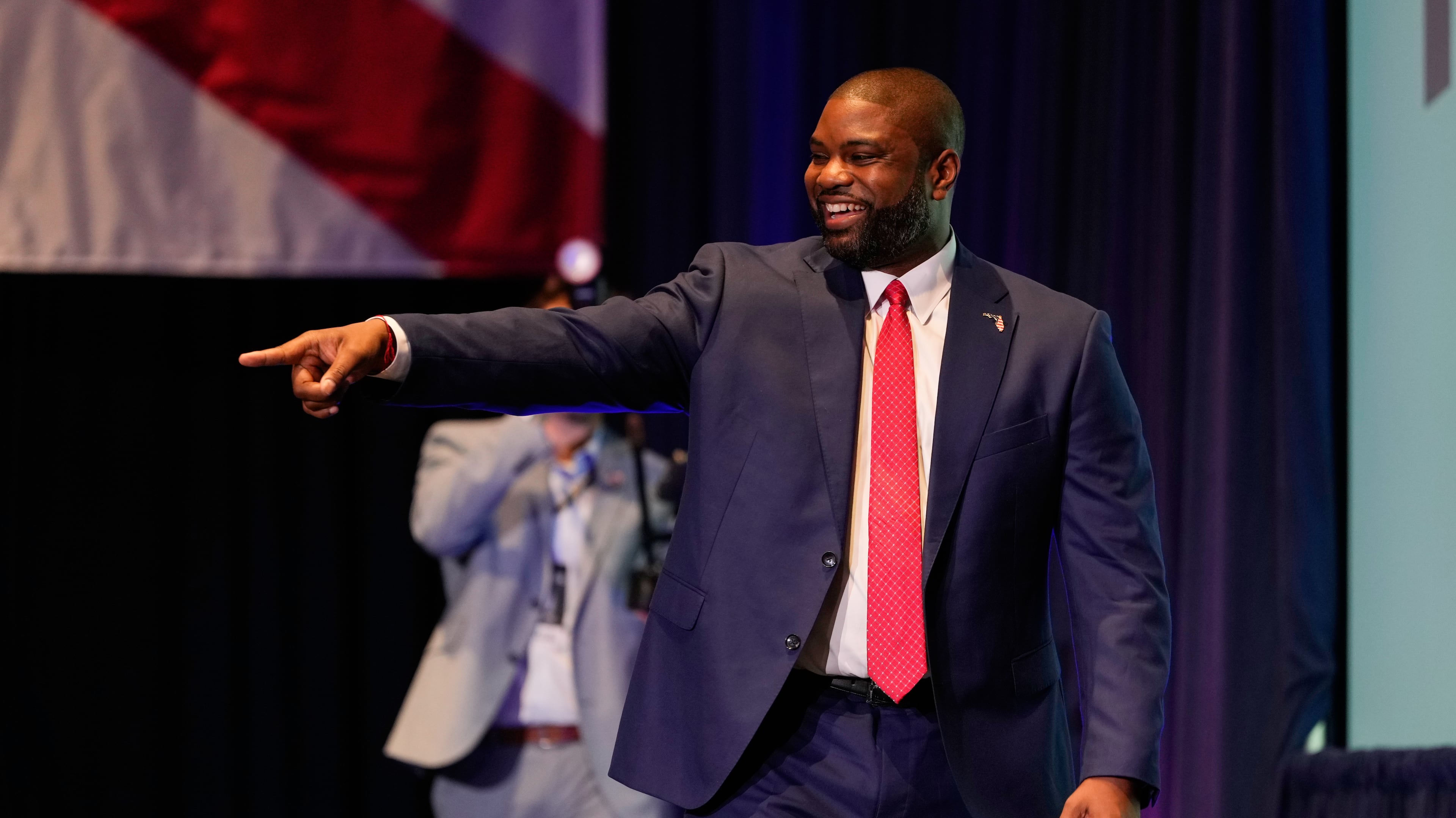 Florida Republican gubernatorial candidate Byron Donalds points at supporters during at a primary election party Tuesday, Aug. 18, 2026, in Orlando, Fla. (AP Photo/John Raoux)