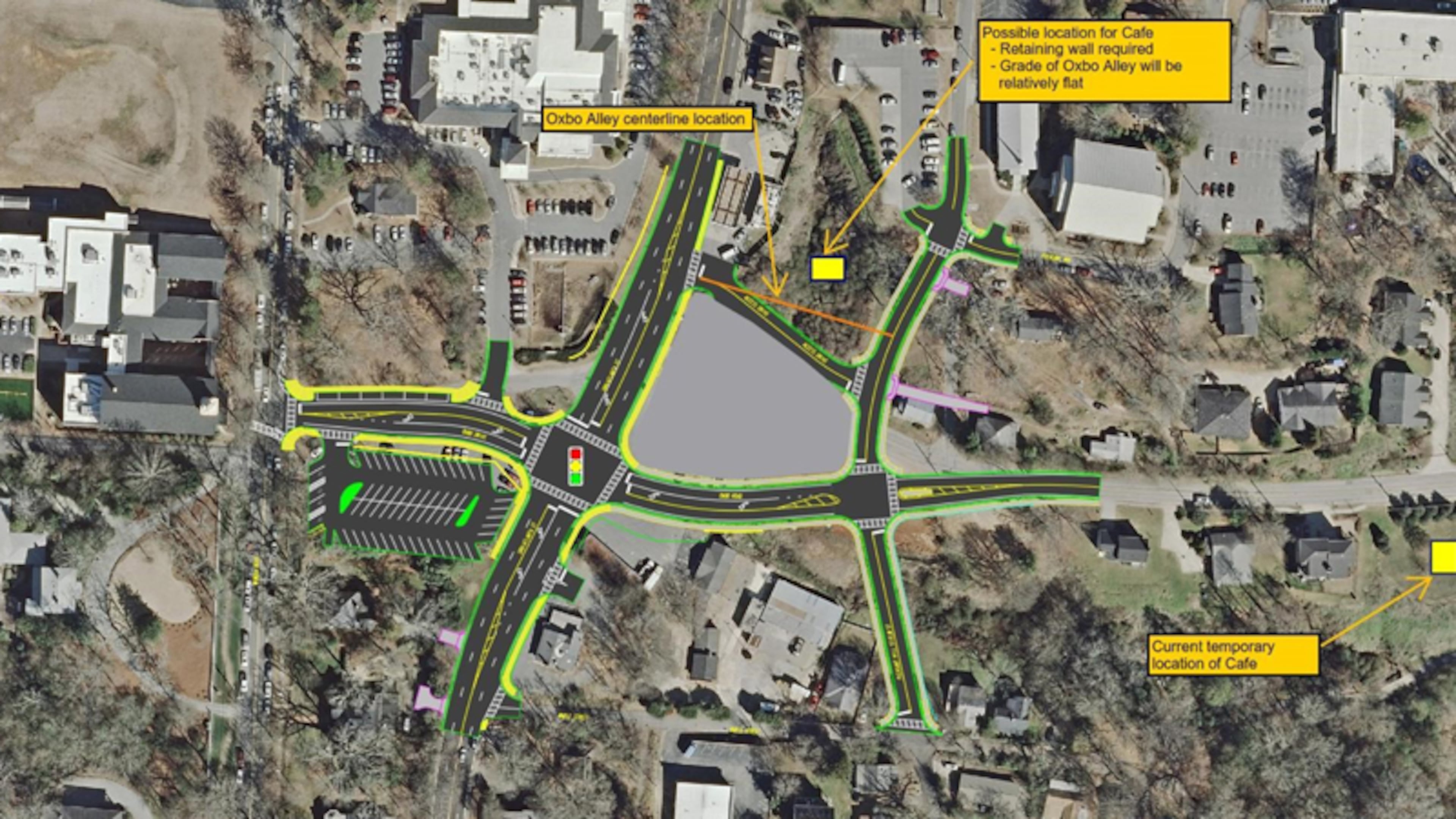 Map of central Roswell shows the Oxbo Road reconstruction, the temporary location of the historic Doc’s Cafe, and a possible permanent site for the structure. CITY OF ROSWELL