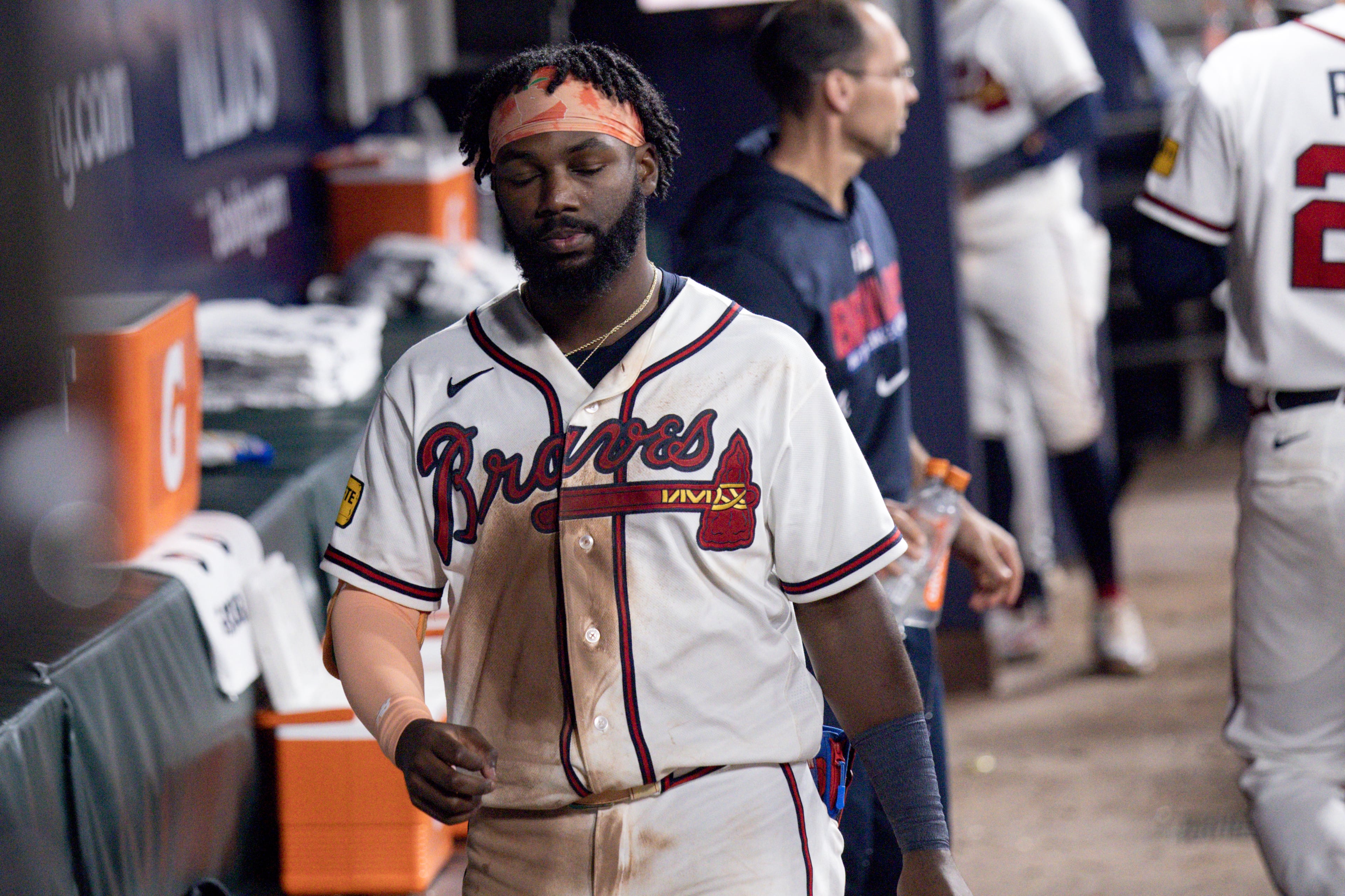 Atlanta Braves center fielder Michael Harris II (23) reacts in the dugout after losing to the Los Angeles Dodgers in Game 4 of the MLB National League Division Series between the Atlanta Braves and the Los Angeles Dodgers, Wednesday, Oct. 7, 2026, in Atlanta. The Dodgers defeated the Braves 3 games to 1. (Miguel Martinez/AJC)
