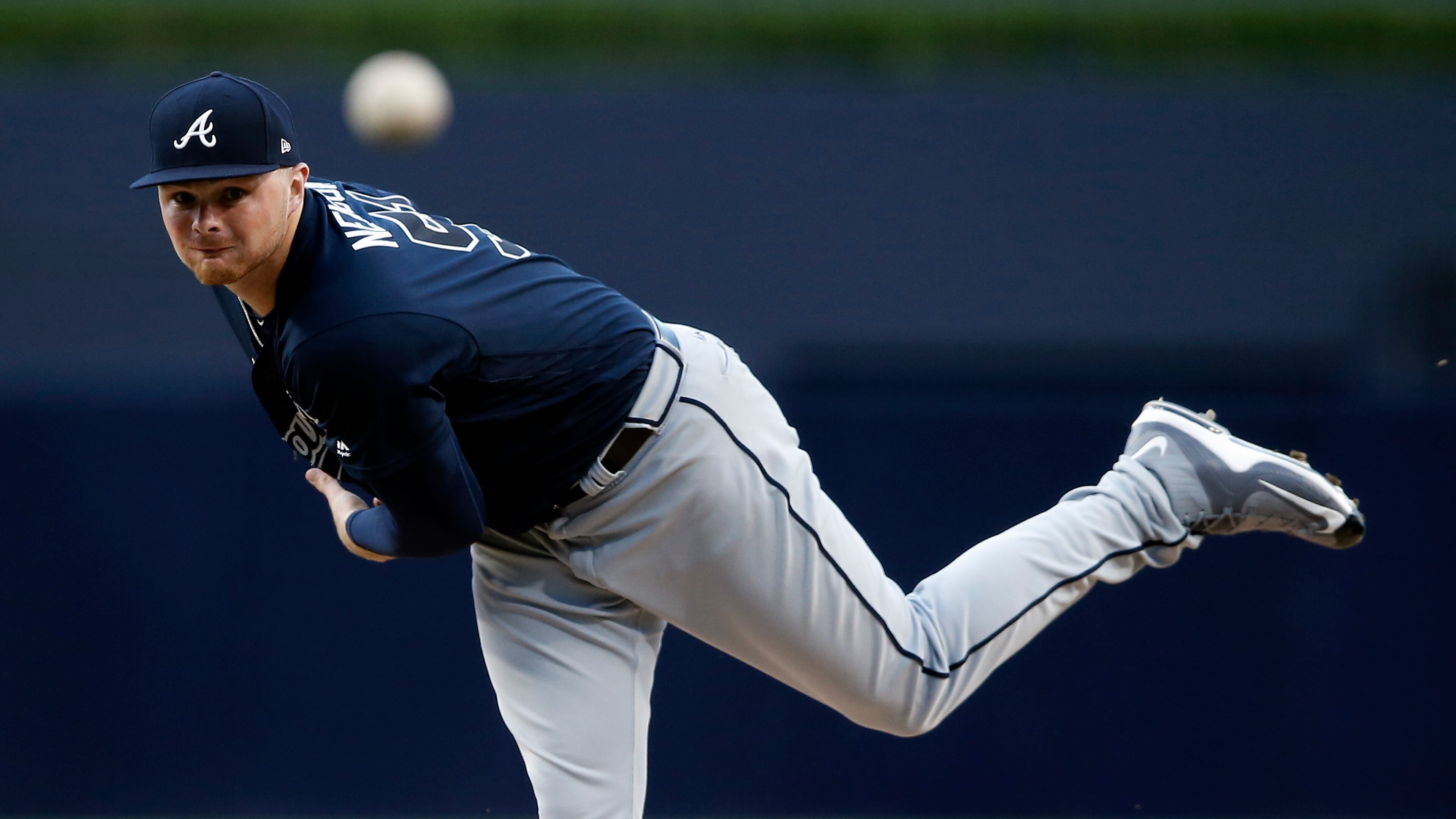 Braves pitcher Sean Newcomb throws to the plate against the San Diego Padres in San Diego, Tuesday, June 27, 2017. (AP Photo/Alex Gallardo)