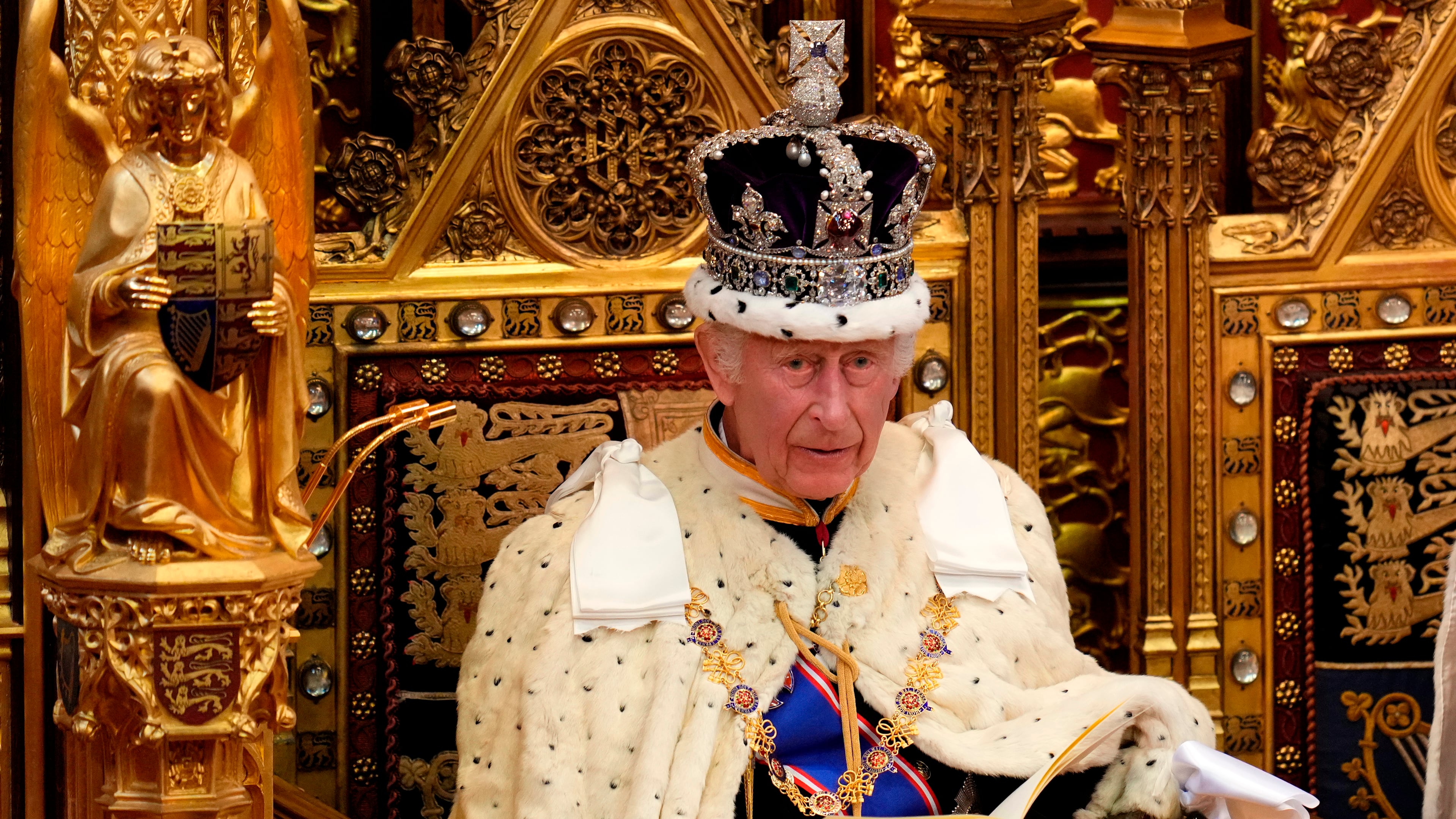 FILE - King Charles III looks up as he reads the King's Speech, during the State Opening of Parliament in the House of Lords in London on July 17, 2024. (AP Photo/Kirsty Wigglesworth, Pool, File)