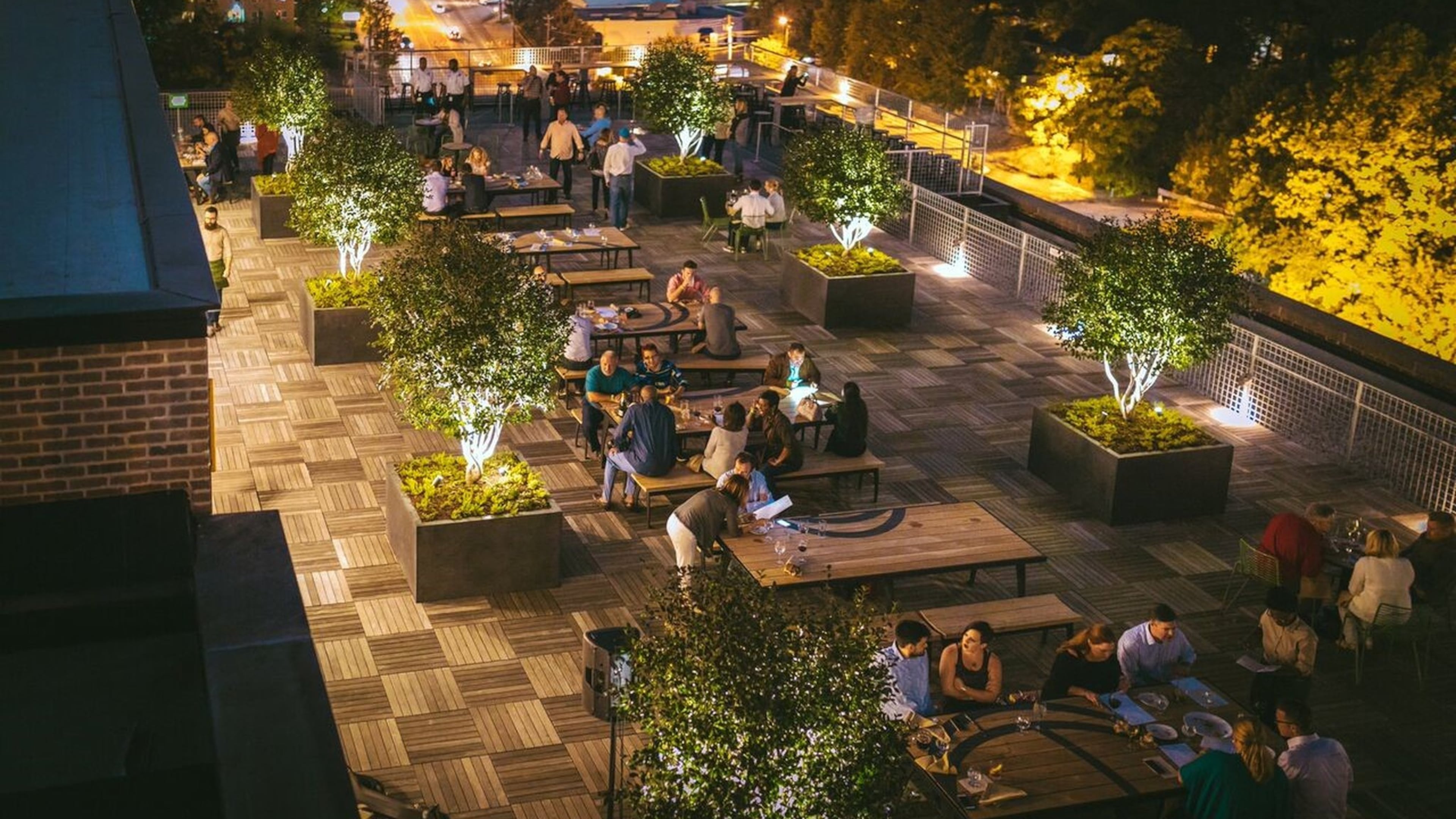 The rooftop beer garden at Nine Mile Station offers views of the downtown, Midtown and Buckhead skylines. (Evan West)