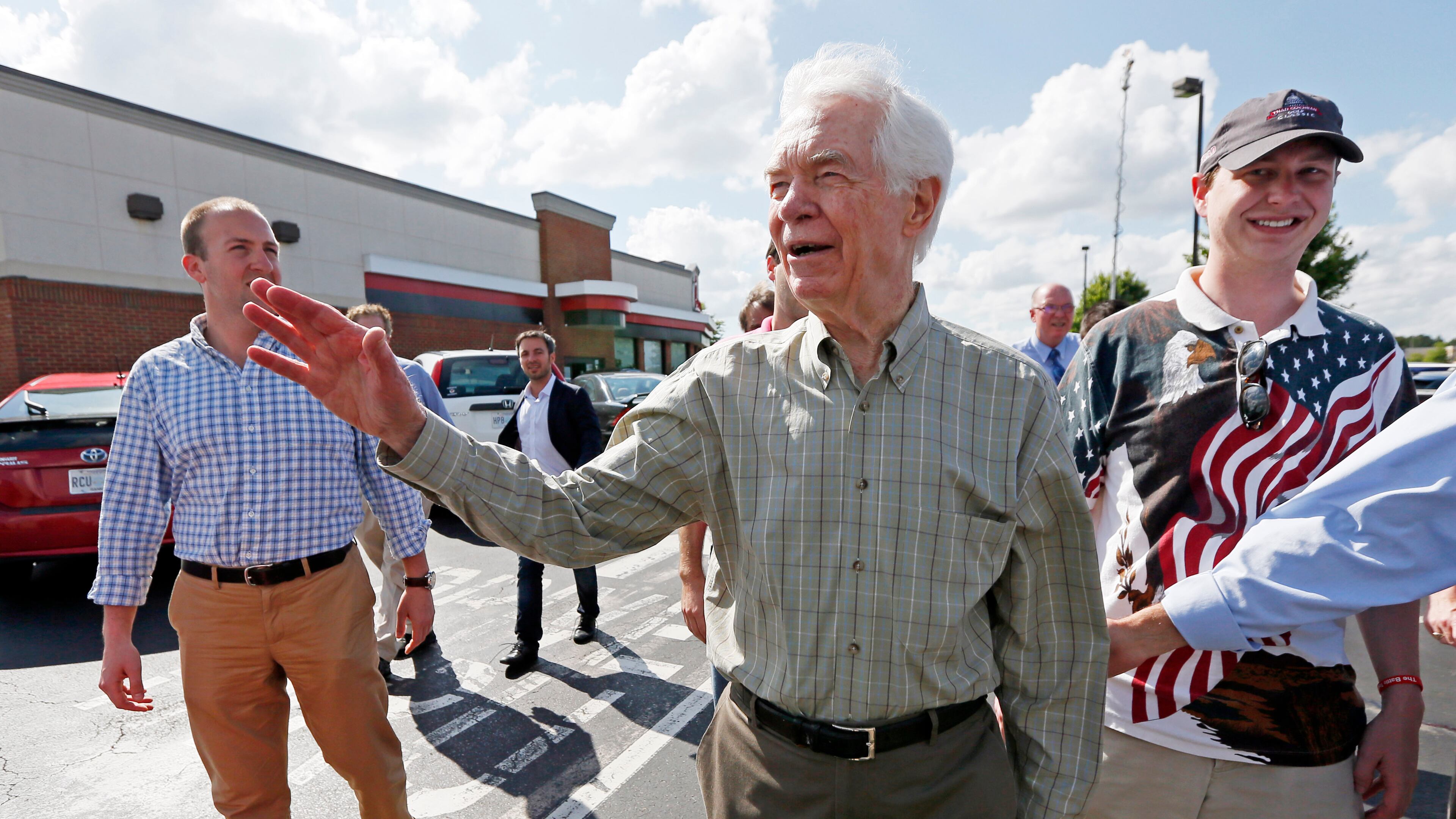 U.S. Sen. Thad Cochran, R-Miss., waves to supporters as he leaves a stop on the first day of a three-week campaign, Wednesday, June 4, 2014. Cochran, 76 and seeking a seventh term, faces state Sen. Chris McDaniel of Ellisville. (AP Photo/Rogelio V. Solis) U.S. Sen. Thad Cochran, R-Miss., waves to supporters as he leaves a stop on the first day of a three-week campaign on Wednesday. Cochran, 76 and seeking a seventh term, faces state Sen. Chris McDaniel of Ellisville. AP/Rogelio V. Solis