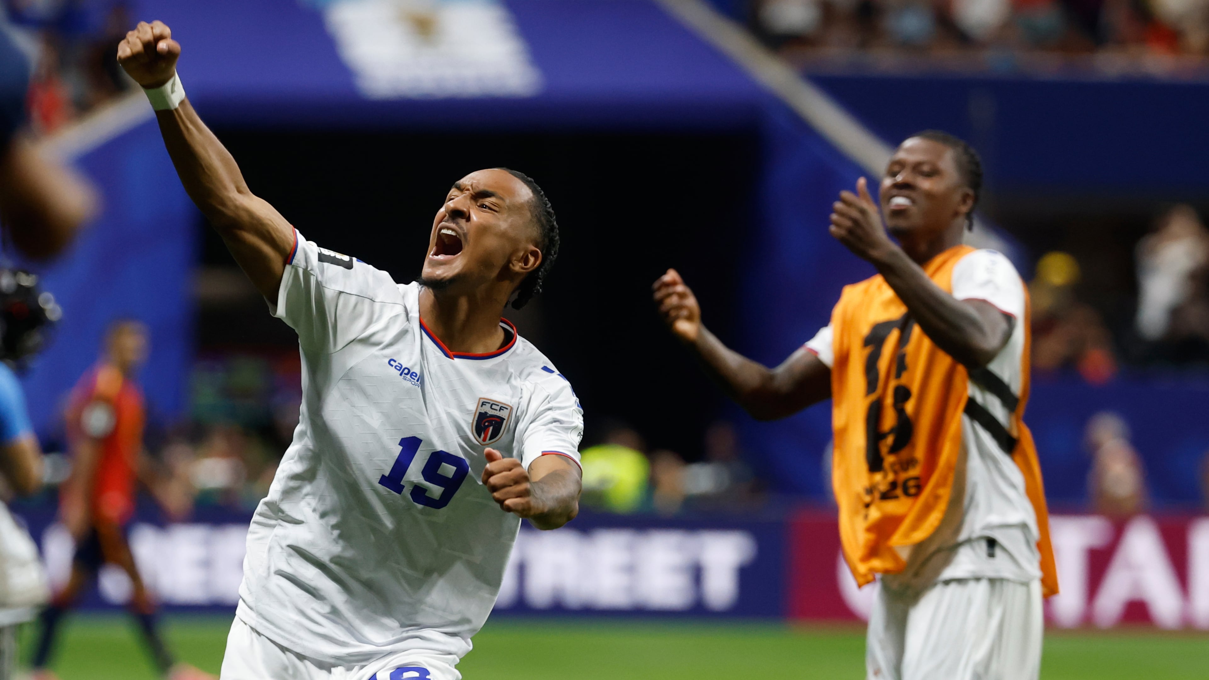 Cabo Verde's Dailon Livramento, left, and Cabo Verde's Sidny Lopes Cabral celebrate after the World Cup Group H soccer match between Spain and Cape Verde in Atlanta, Monday, June 15, 2026. (AP Photo/Erik S. Lesser)