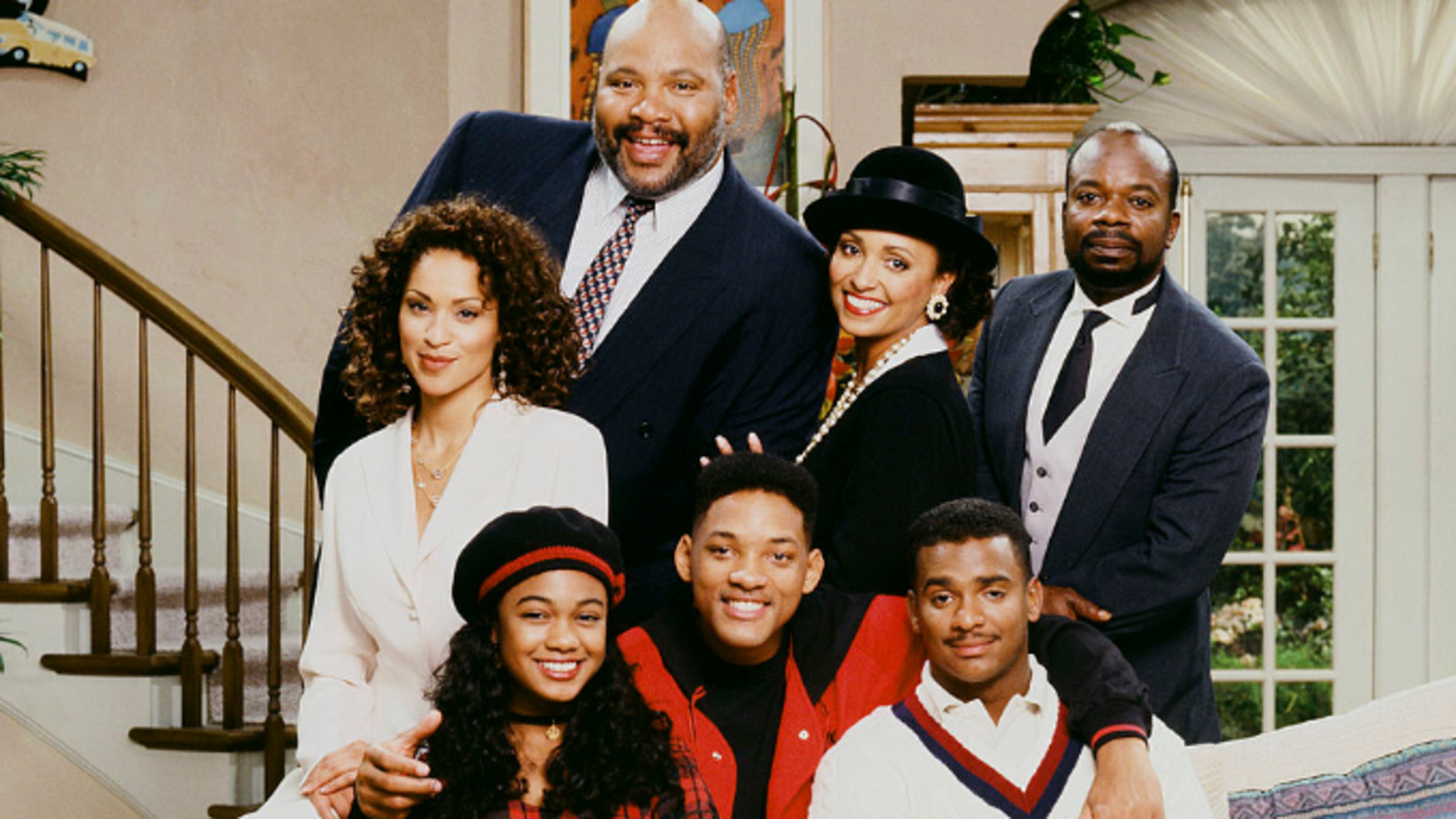 THE FRESH PRINCE OF BEL-AIR -- Season 4 -- Pictured: (l-r) Back: Karyn Parsons as Hilary Banks, James Avery as Philip Banks, Daphne Reid as Vivian Banks, Joseph Marcell as Geoffrey; Front: Tatyana Ali as Ashley Banks, Will Smith as William 'Will' Smith, Alfonso Ribeiro as Carlton Banks (Photo by Chris Haston/NBC/NBCU Photo Bank via Getty Images)