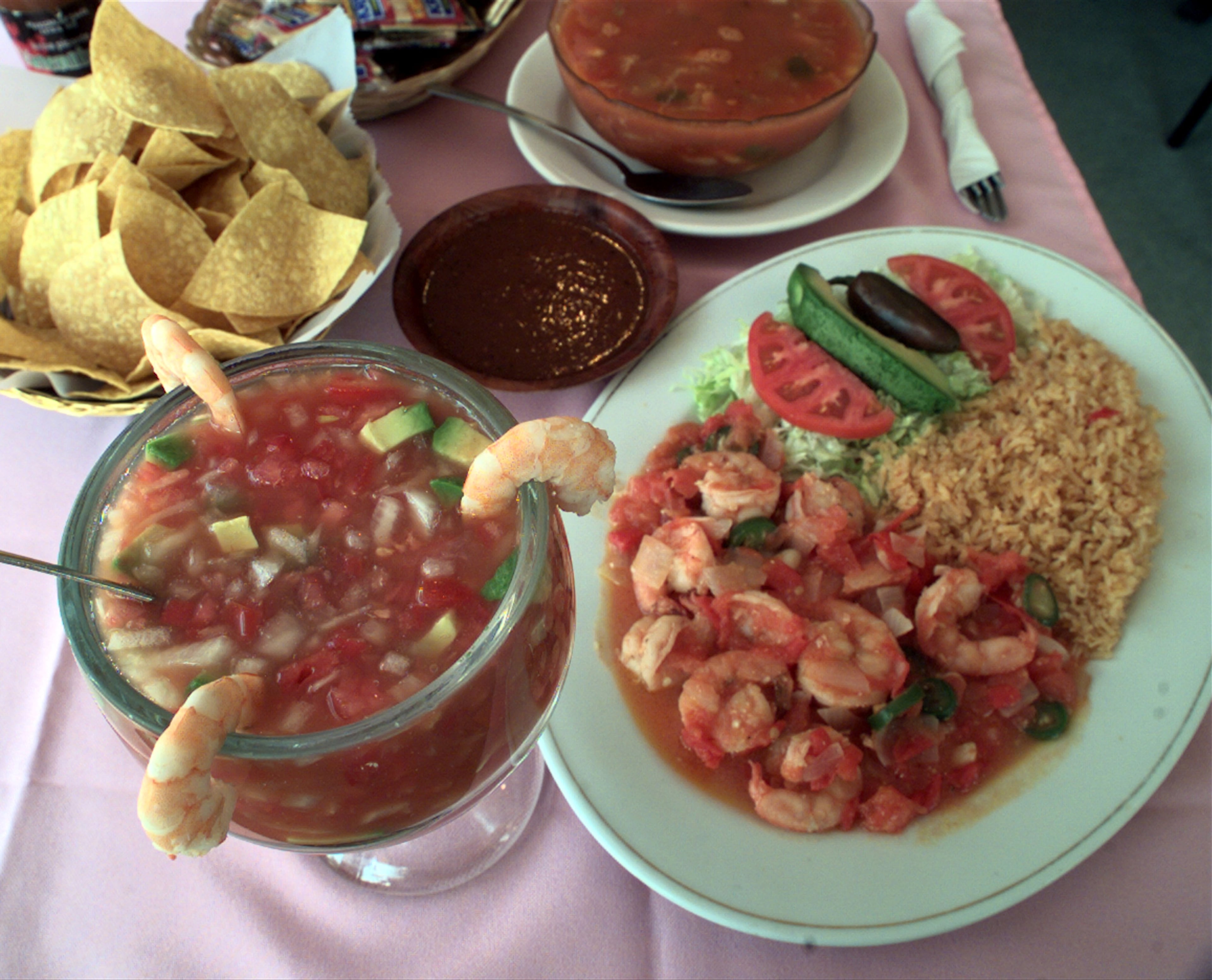 Shrimp, shrimp and more shrimp with chips and various sauces and soup at Marisco Landia, which was at 4300 Buford Highway, in 1998.