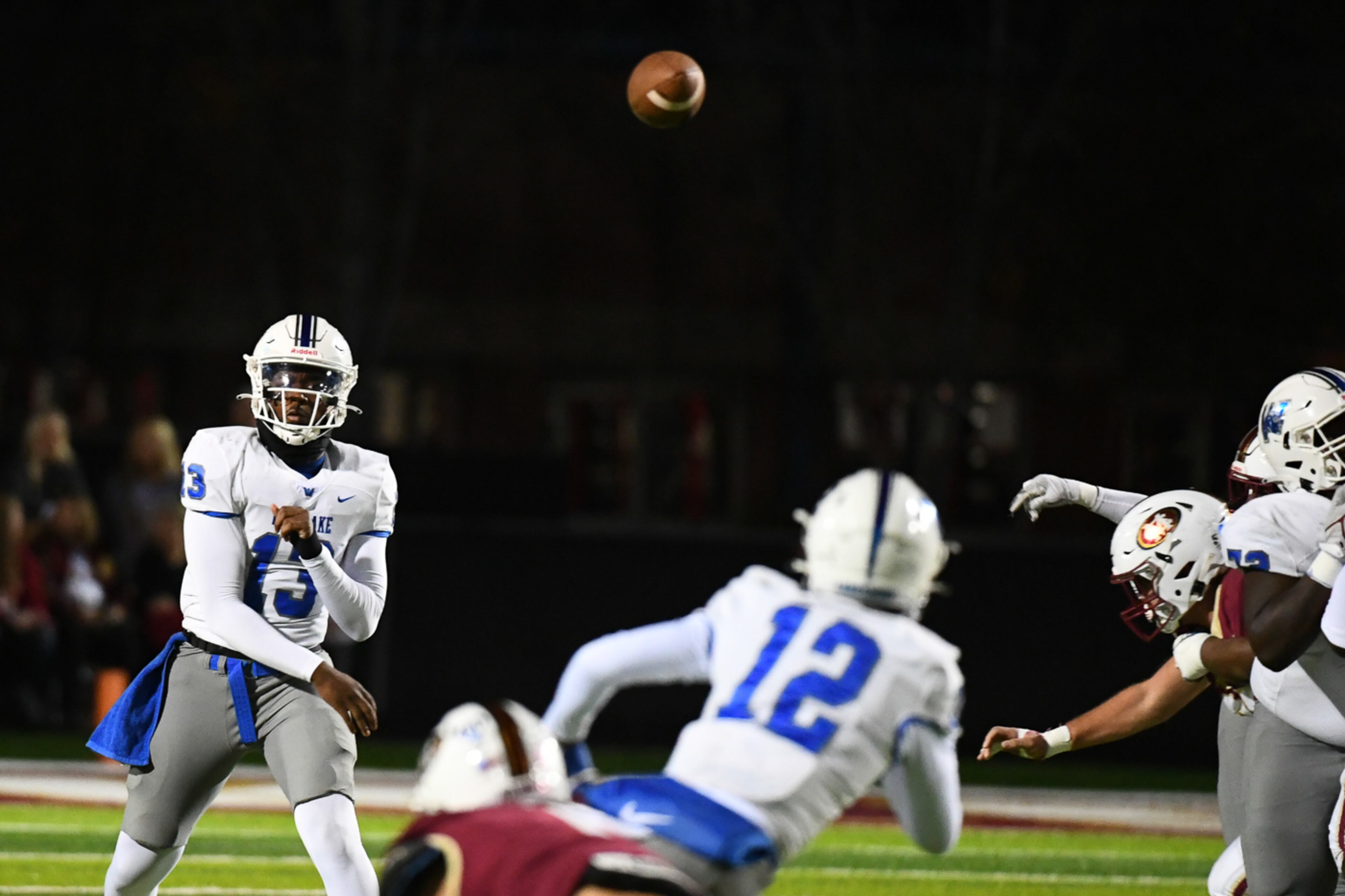 RJ Johnson, quarterback for Westlake, passes to Jabari Jones. (Jamie Spaar for the Atlanta Journal Constitution)