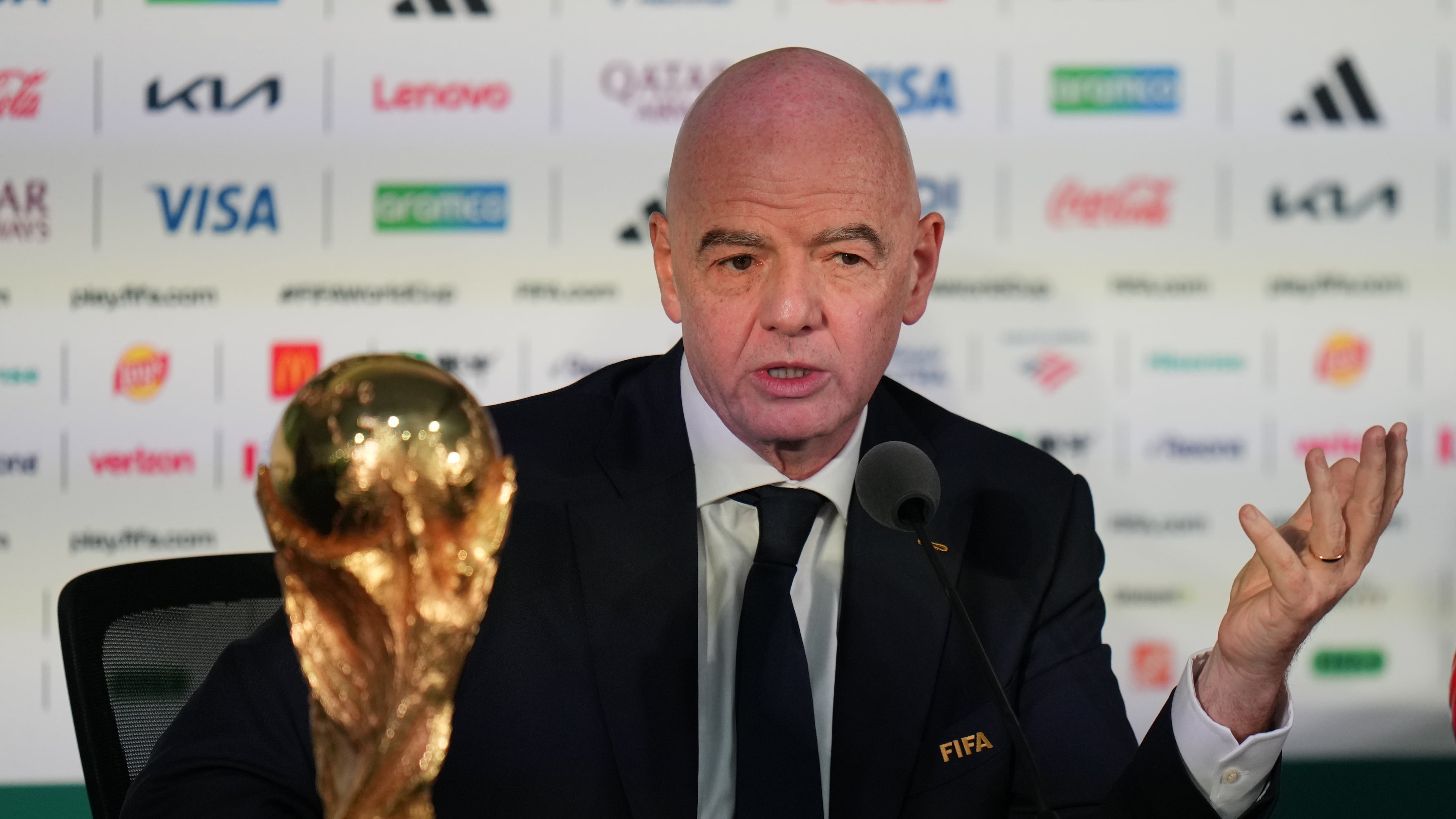 FILE - FIFA President Gianni Infantino speaks during a news conference at the stadium in Mexico City, Wednesday, June 10, 2026, a day before the opening FIFA World Cup match between Mexico and South Africa. (AP Photo/Eduardo Verdugo, File)