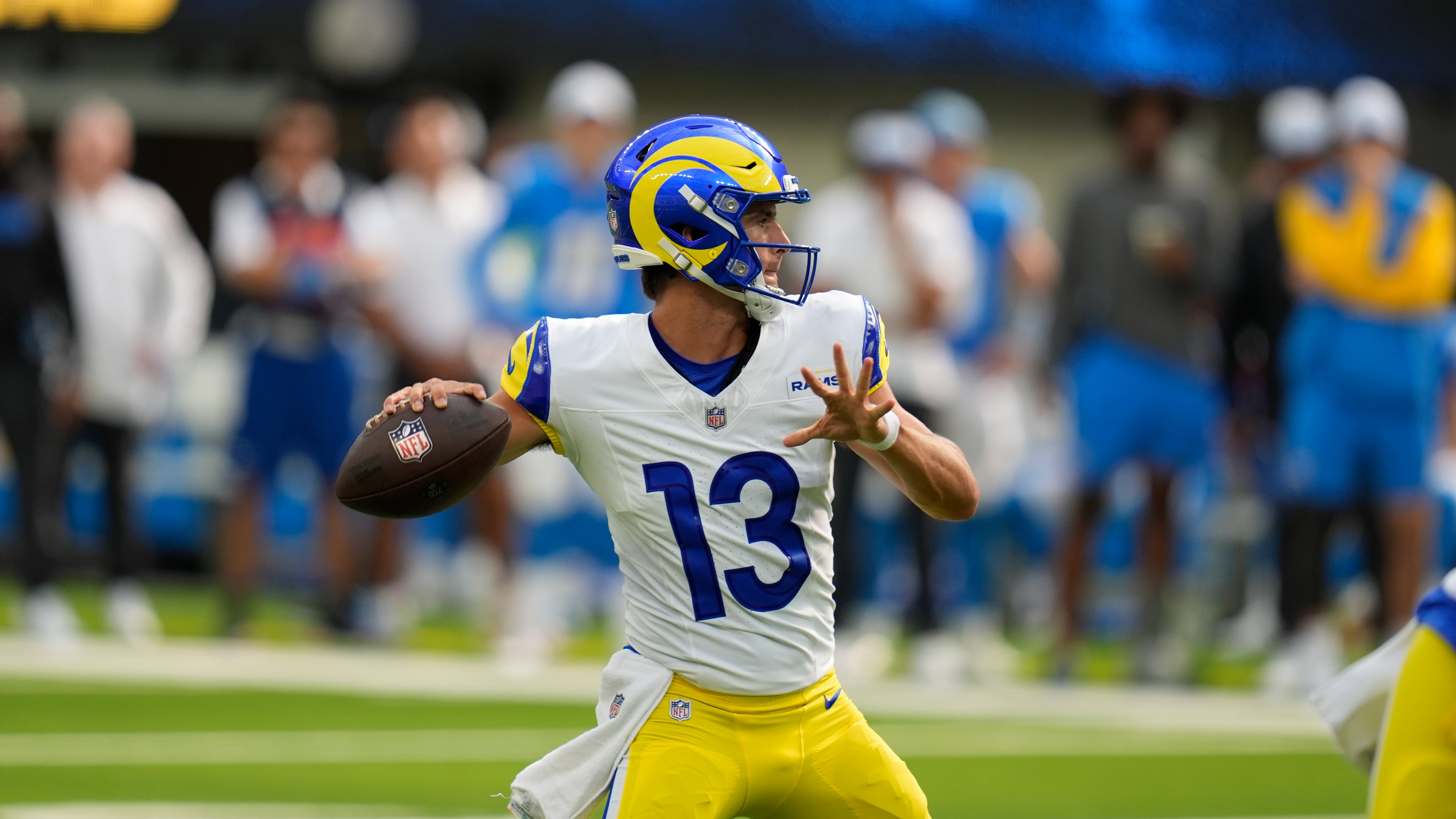 Former Georgia quarterback Stetson Bennett — pictured during a 2024 exhibition game with the Rams — appears to be in competition with 2026 first-round draft pick Ty Simpson for the backup quarterback role in Los Angeles behind Matthew Stafford. (Gregory Bull/AP)