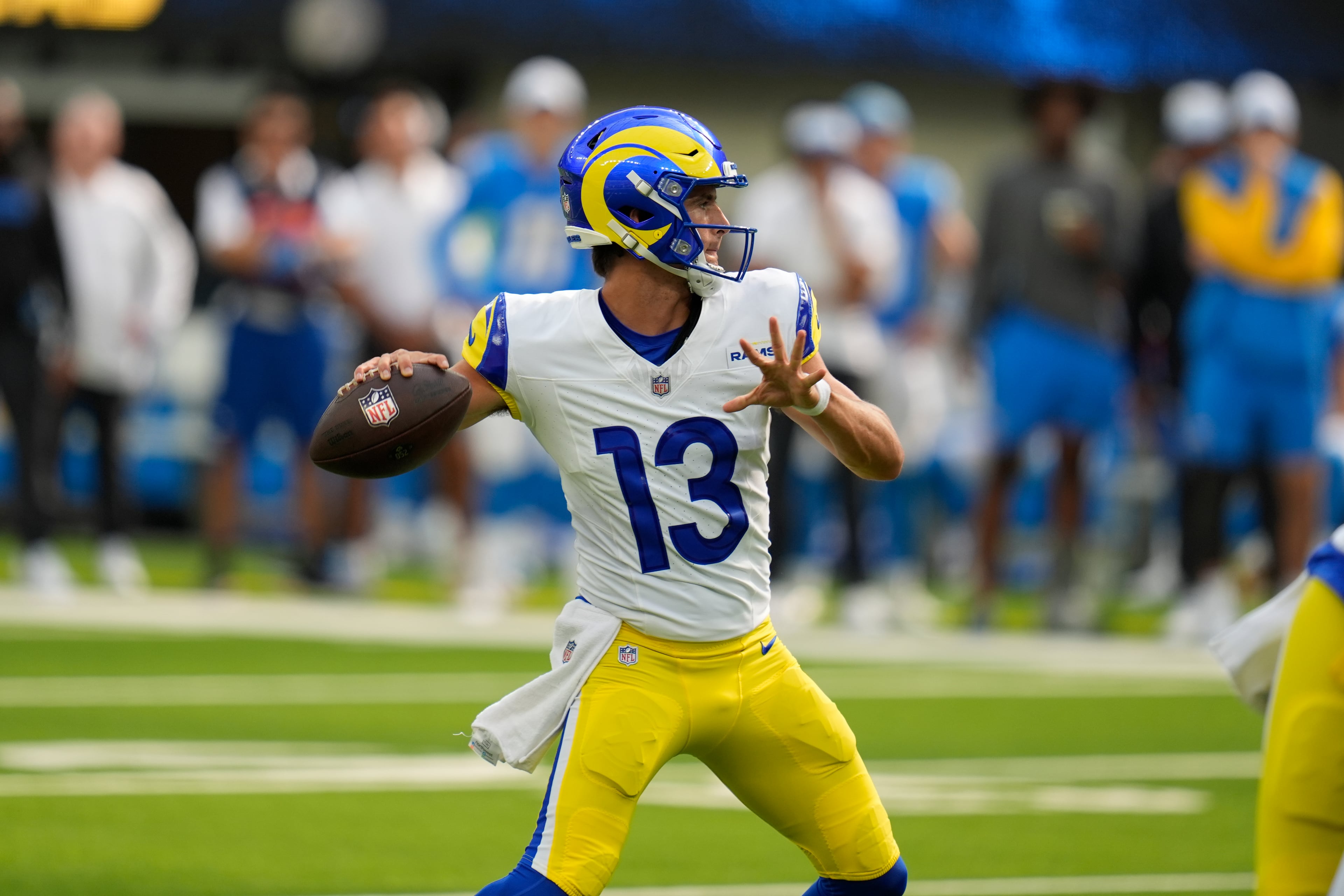 Former Georgia quarterback Stetson Bennett performed well while starting in all three of the Rams’ NFL preseason games last year, completing 44 of 64 passes for 512 yards, five touchdowns and two interceptions. (Gregory Bull/AP)