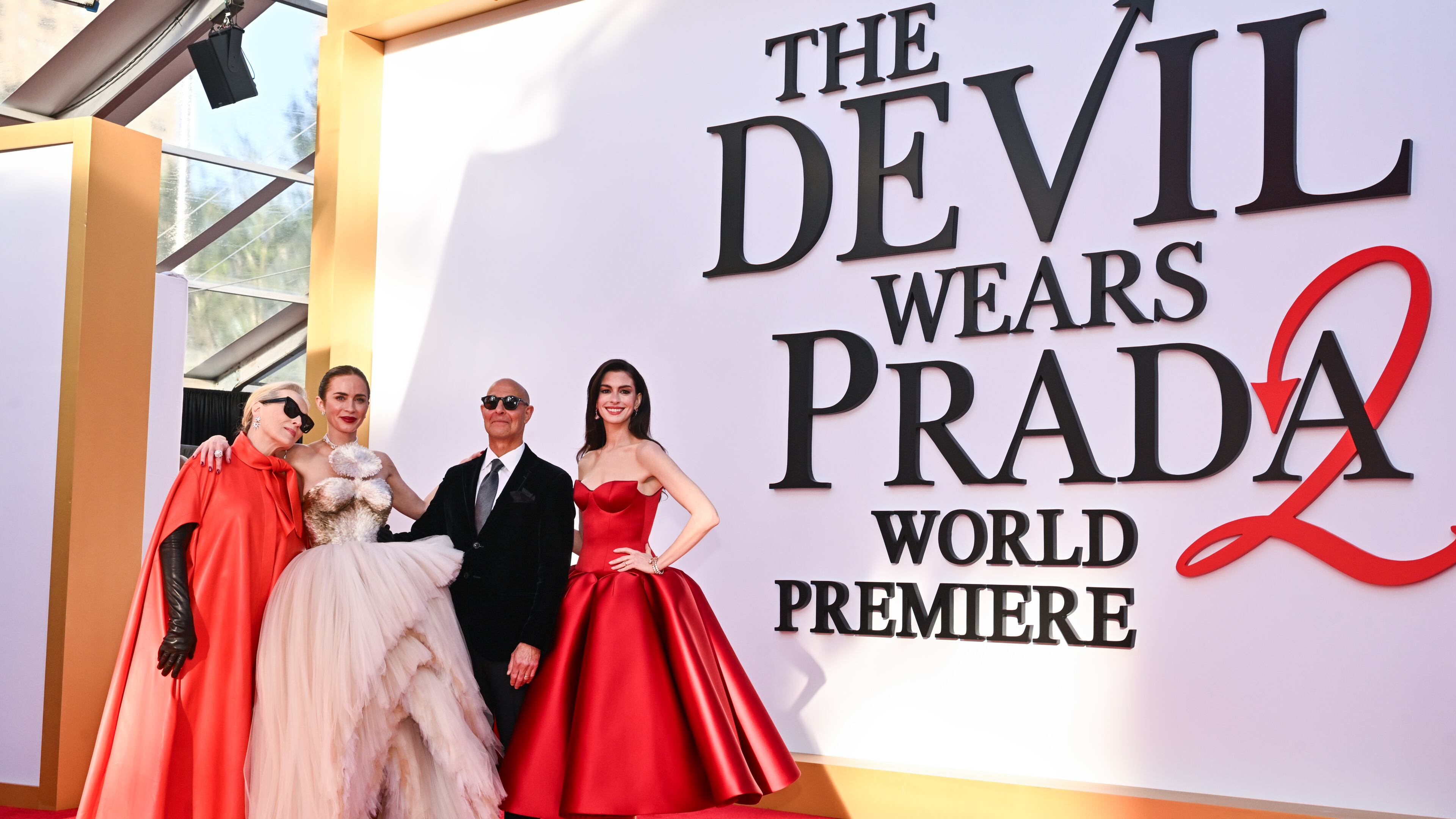 Meryl Streep, from left, Emily Blunt, Stanley Tucci, and Anne Hathaway attend "The Devil Wears Prada 2" world premiere at David Geffen Hall on Monday, April 20, 2026, in New York. (Photo by Evan Agostini/Invision/AP)