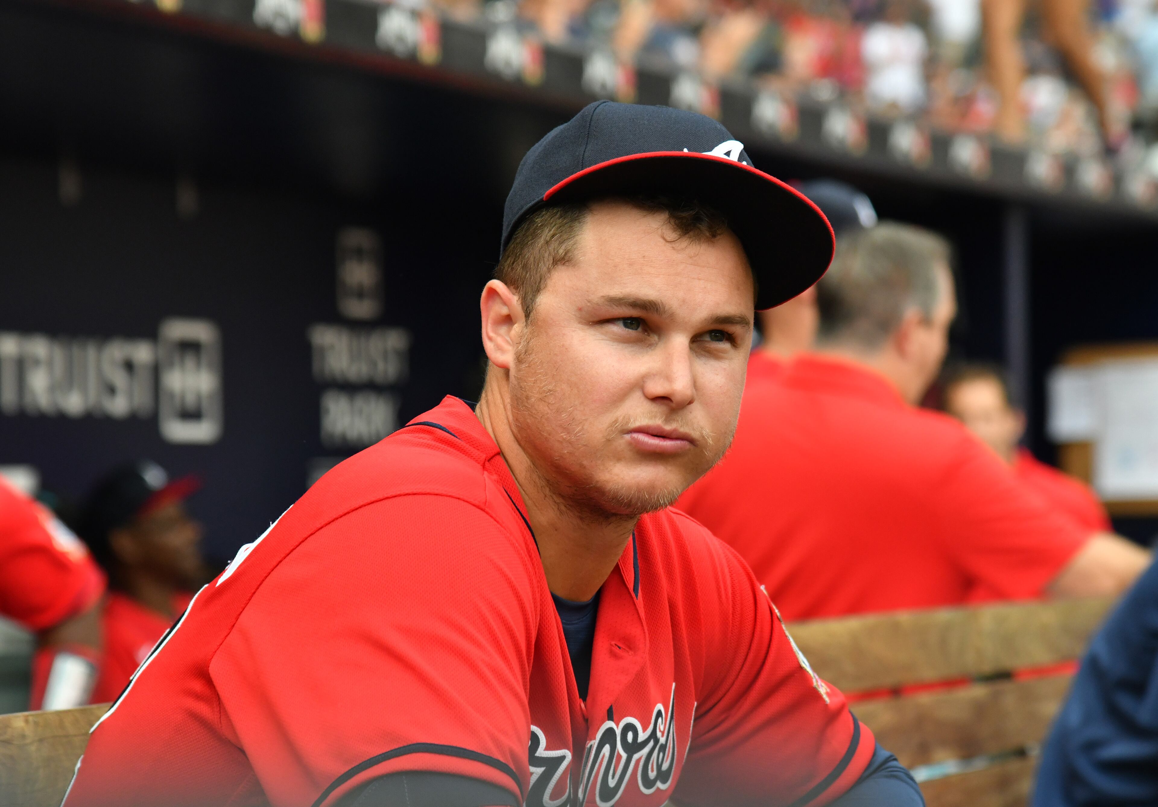 Atlanta Braves outfielder Joc Pederson watches from the dugout in the first inning at Truist Park on Friday, July 16, 2021. The Braves acquired Pederson in a trade Thursday. Pederson went 0-for-1 in the Braves' 7-6 10-inning loss. (Hyosub Shin / Hyosub.Shin@ajc.com)