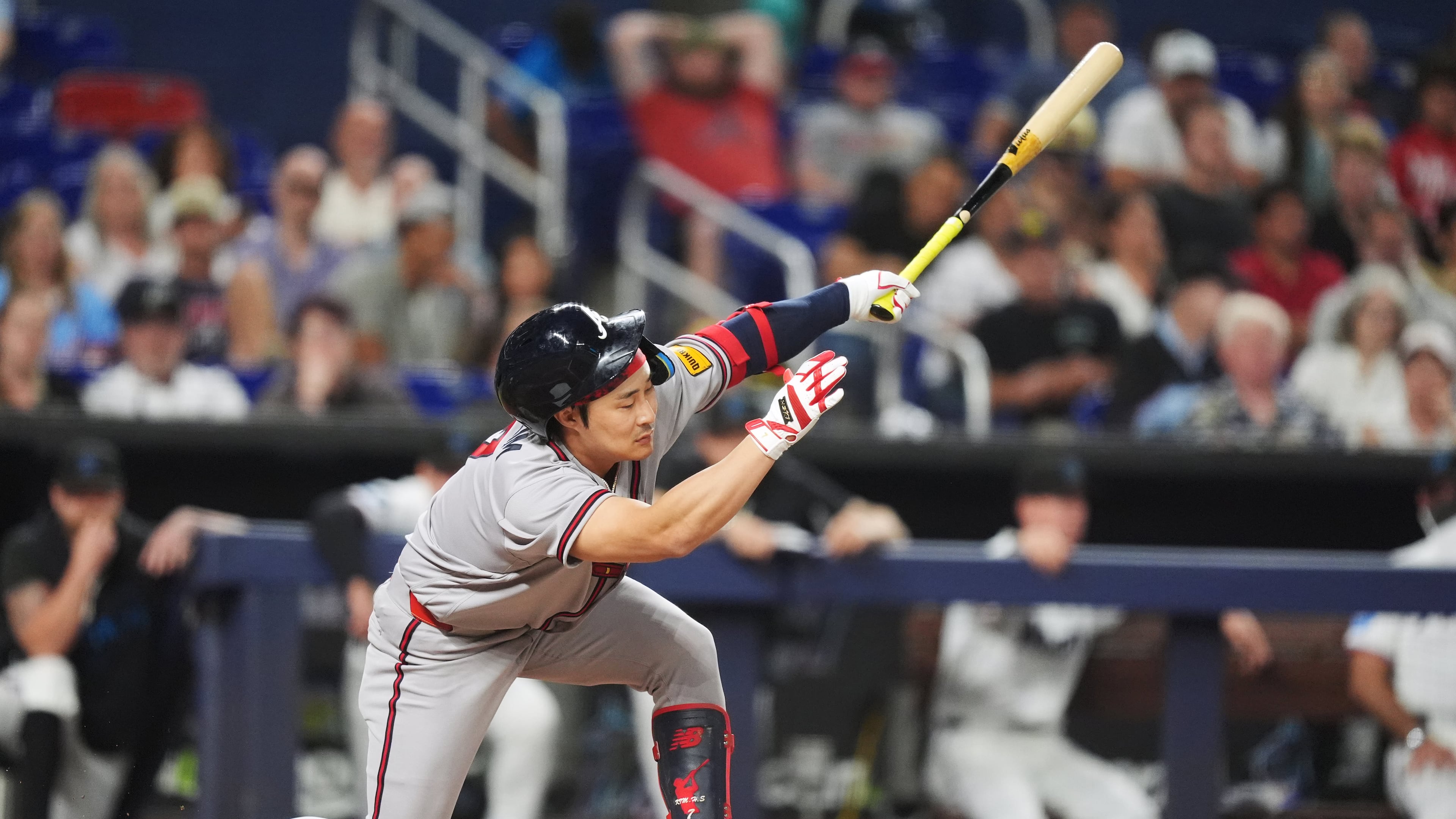 Atlanta Braves' Ha-Seong Kim strikes out swinging during game against the Miami Marlins on Monday, May 18, 2026. (Rebecca Blackwell/AP)