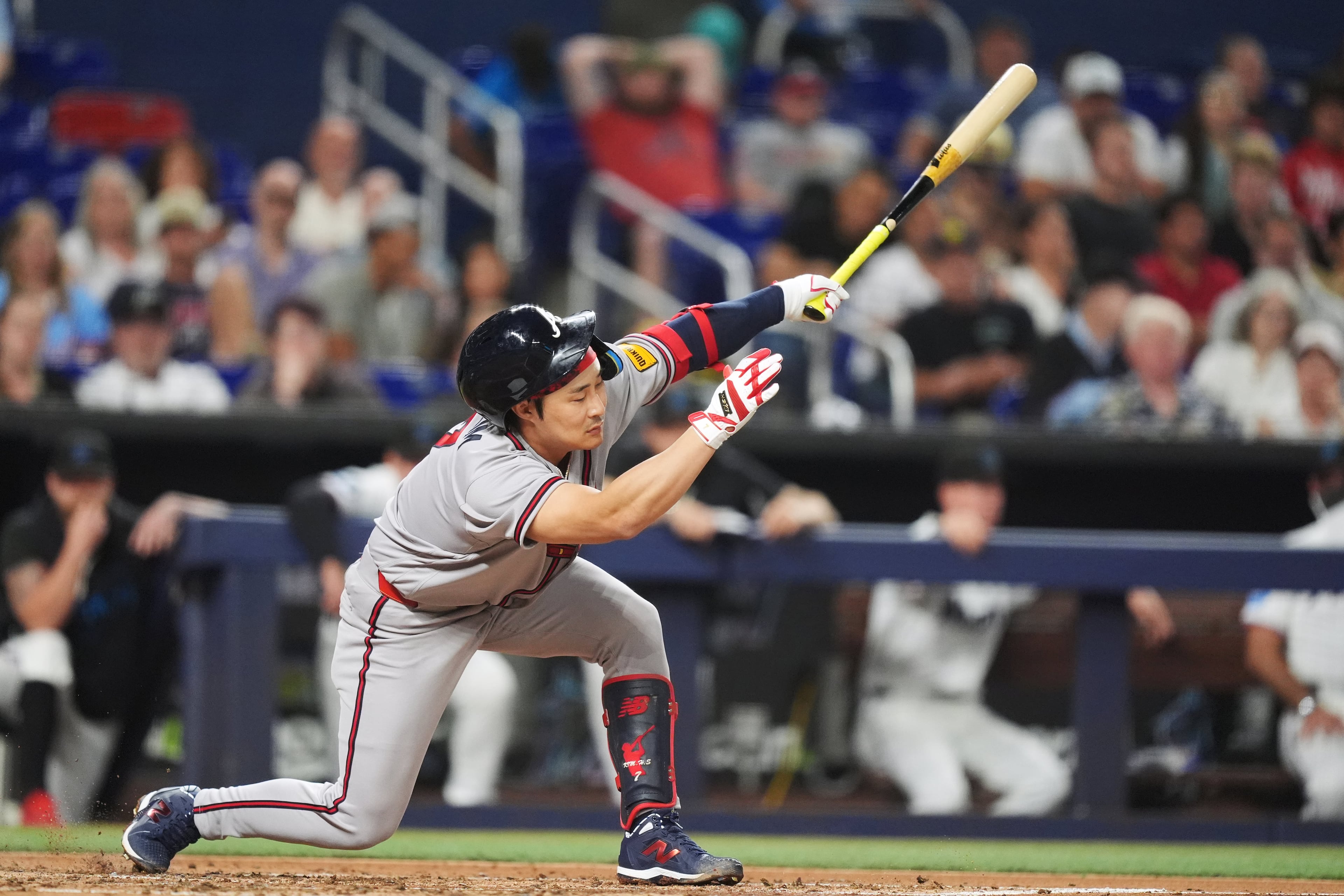 Ha-Seong Kim strikes out swinging. (Rebecca Blackwell/AP)