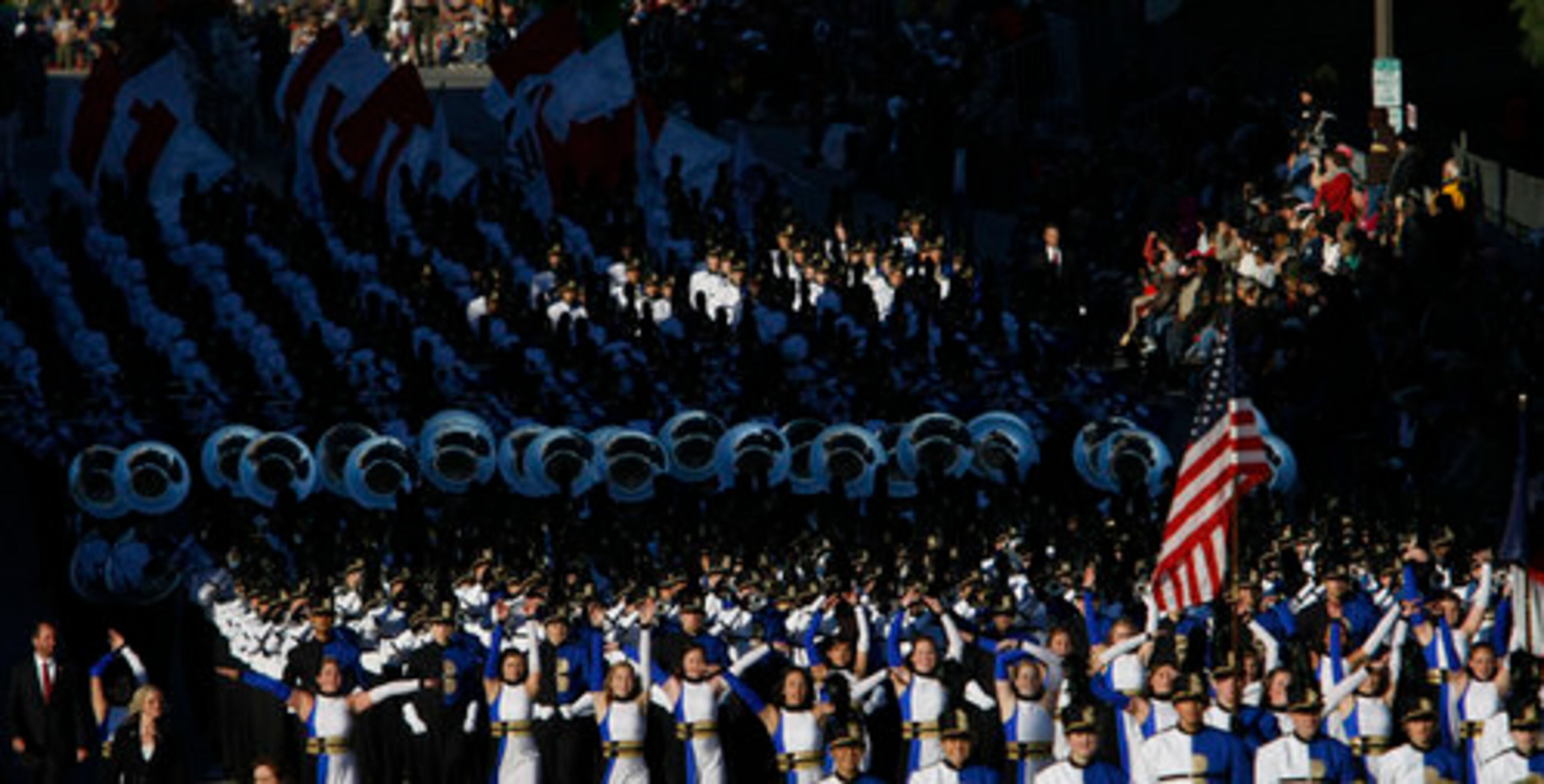 The All-Birdville Marching Band from Birdville, Texas, participates in the 122nd Rose Parade.