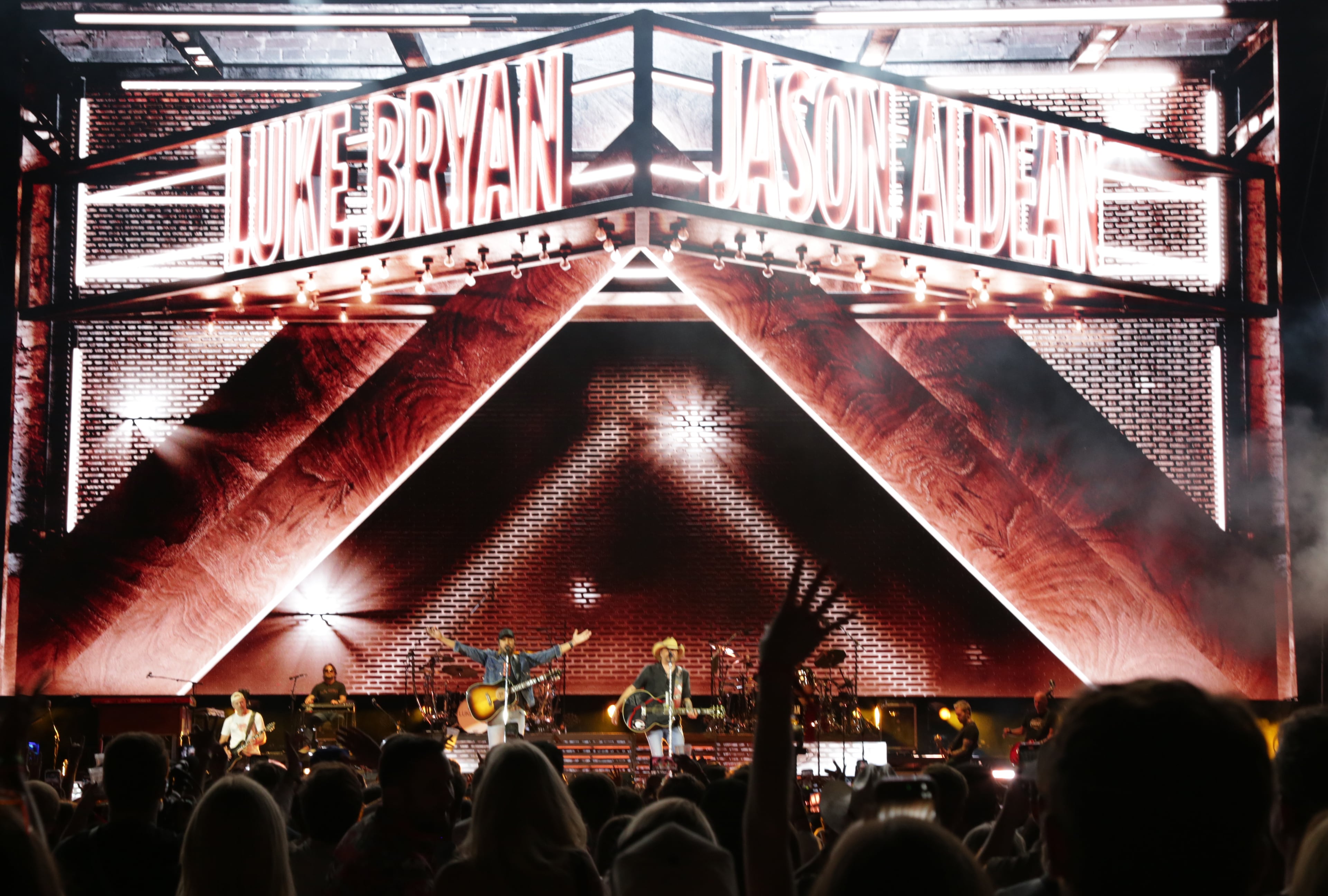 Georgia natives Jason Aldean and Luke Bryan perform together for the first "Live Between the Hedges Concert Presented by PruittHealth" at Sanford Stadium, home of the University of Georgia football team, Saturday, April 25, 2026, in Athens. (Akili-Casundria Ramsess/EyeAkili Media)