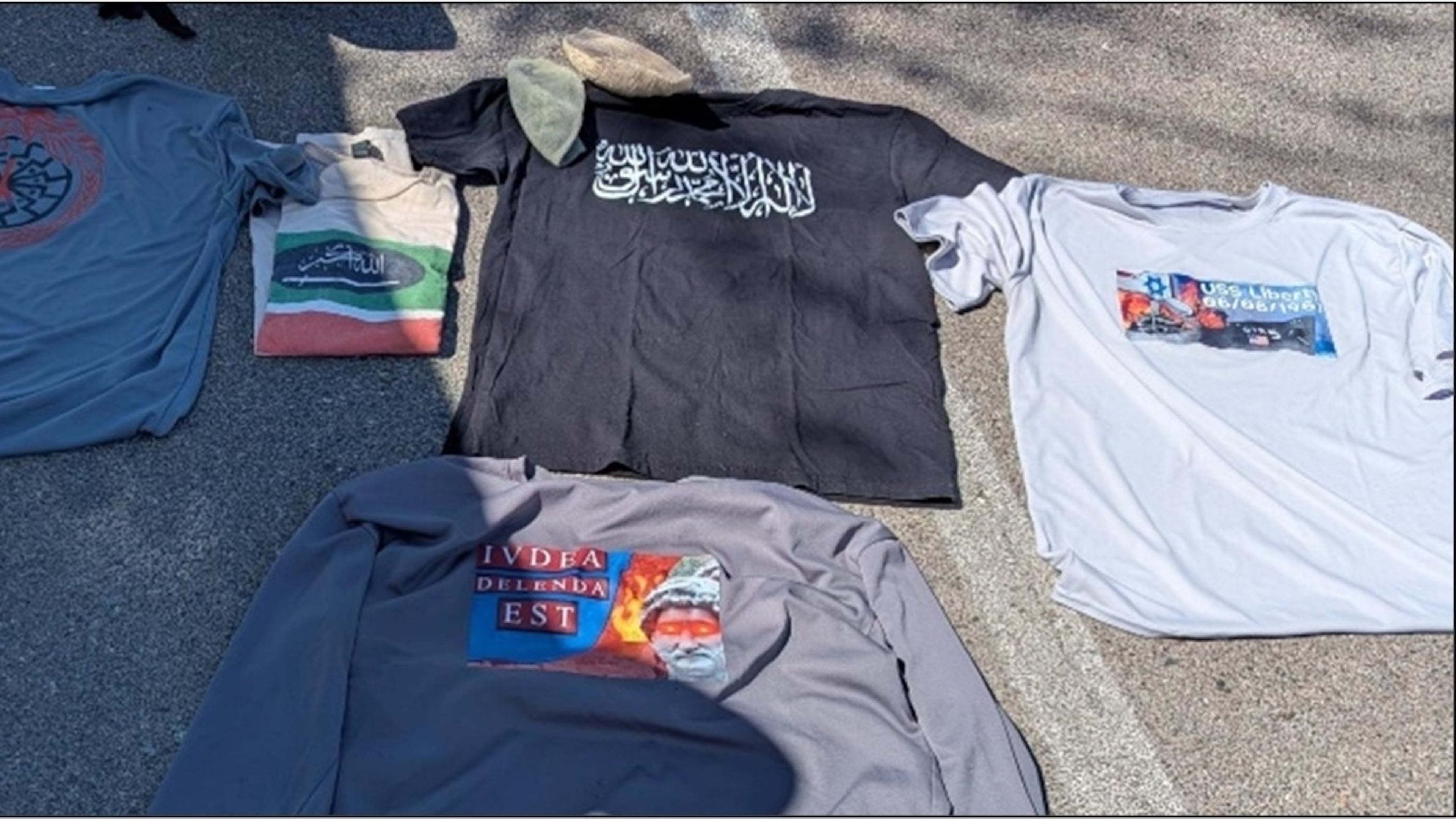This photo provided by U.S. Attorney's Office shows clothing displaying antisemitic, anti-Israel, and extremist symbols that were found in former Navy SEAL Seal Gregory Vandenberg vehicle by authorities. (U.S. Attorney's Office via AP)