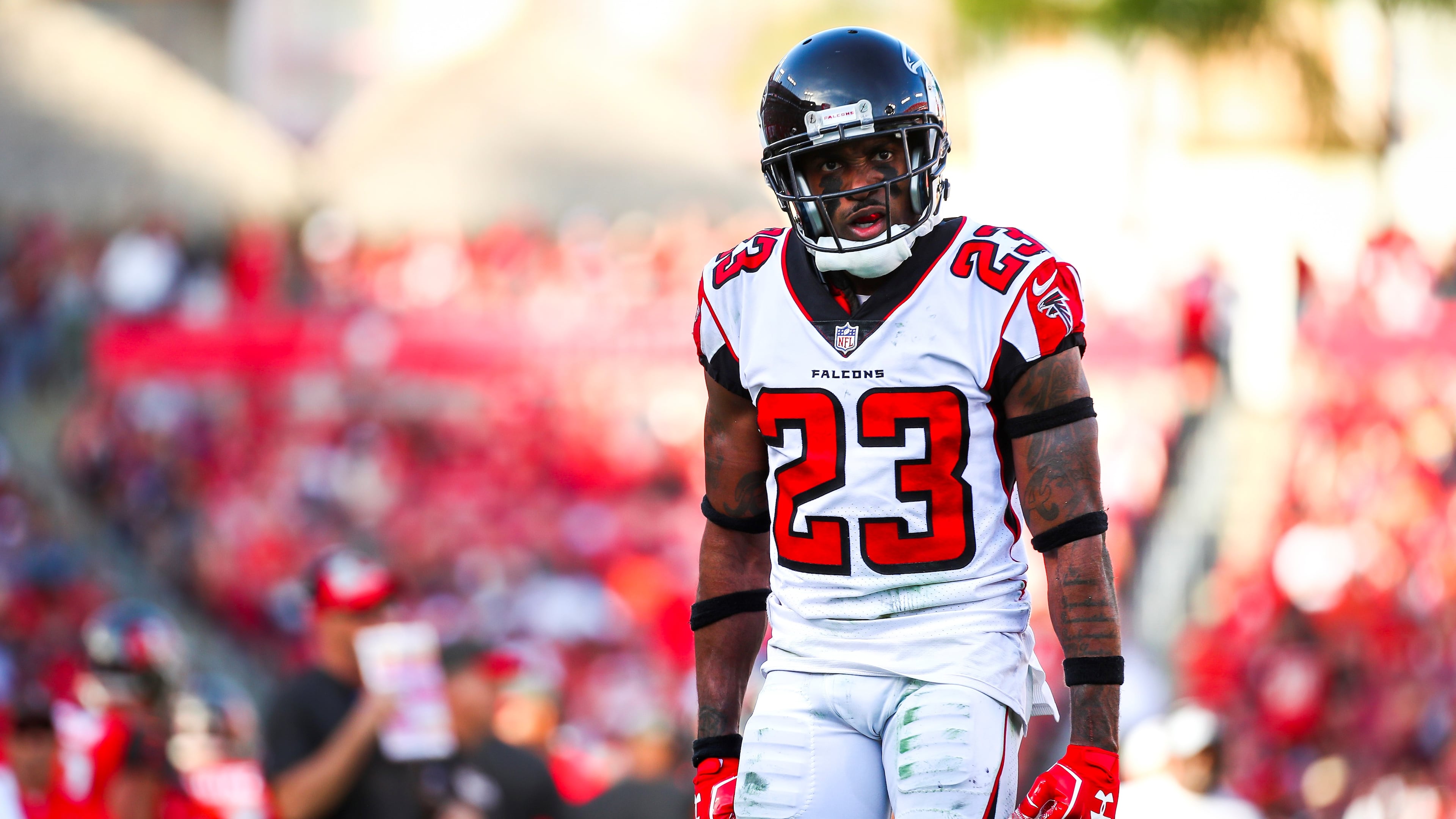 TAMPA, FL - DECEMBER 30: Cornerback Robert Alford #23 of the Atlanta Falcons reacts after breaking up the 2-point attempt by the Tampa Bay Buccaneers in the fourth quarter of the game at Raymond James Stadium on December 30, 2018 in Tampa, Florida. (Photo by Will Vragovic/Getty Images)