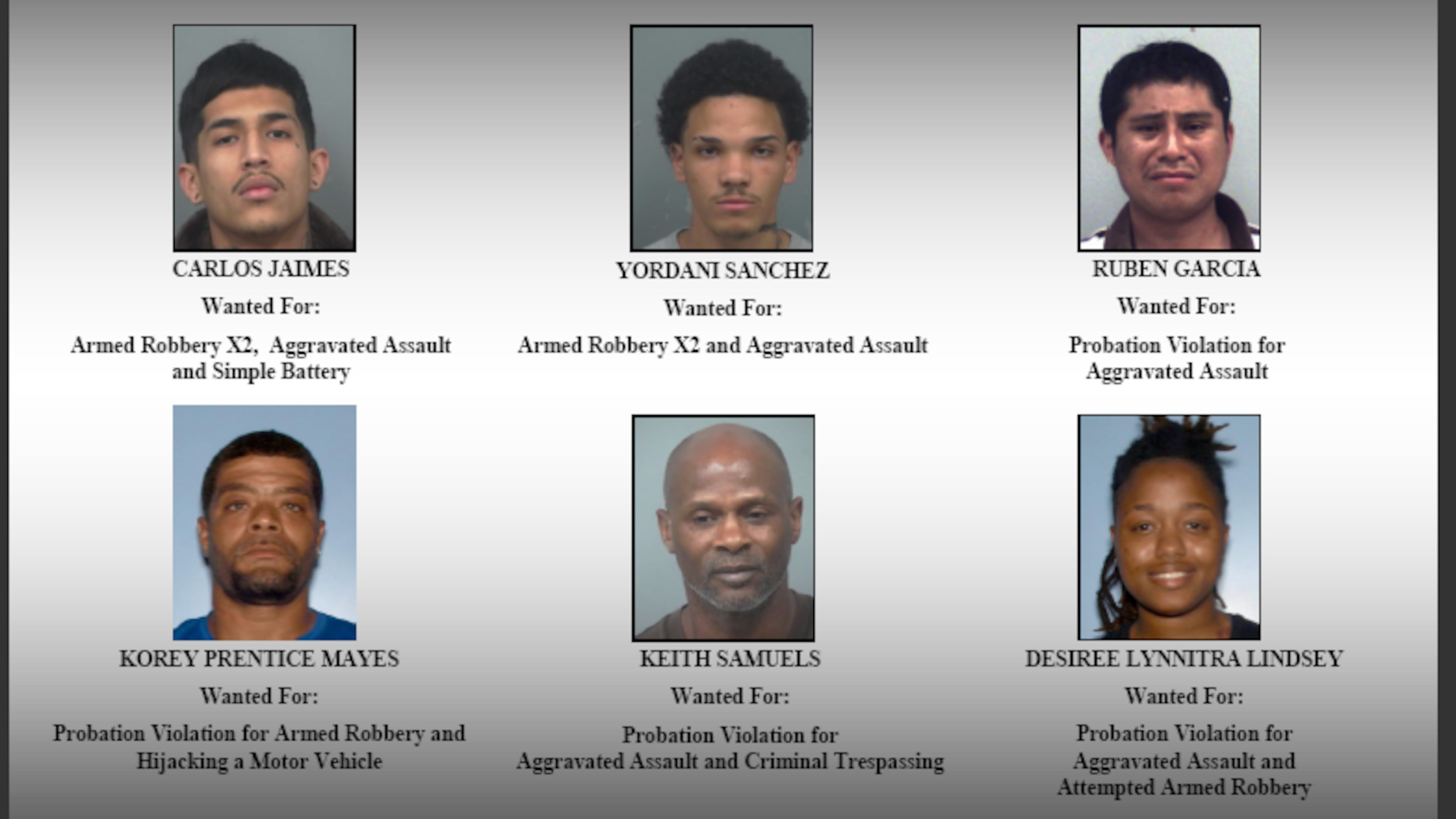 The Gwinnett County Sheriff's Office is seeking these six suspects with outstanding warrants.
