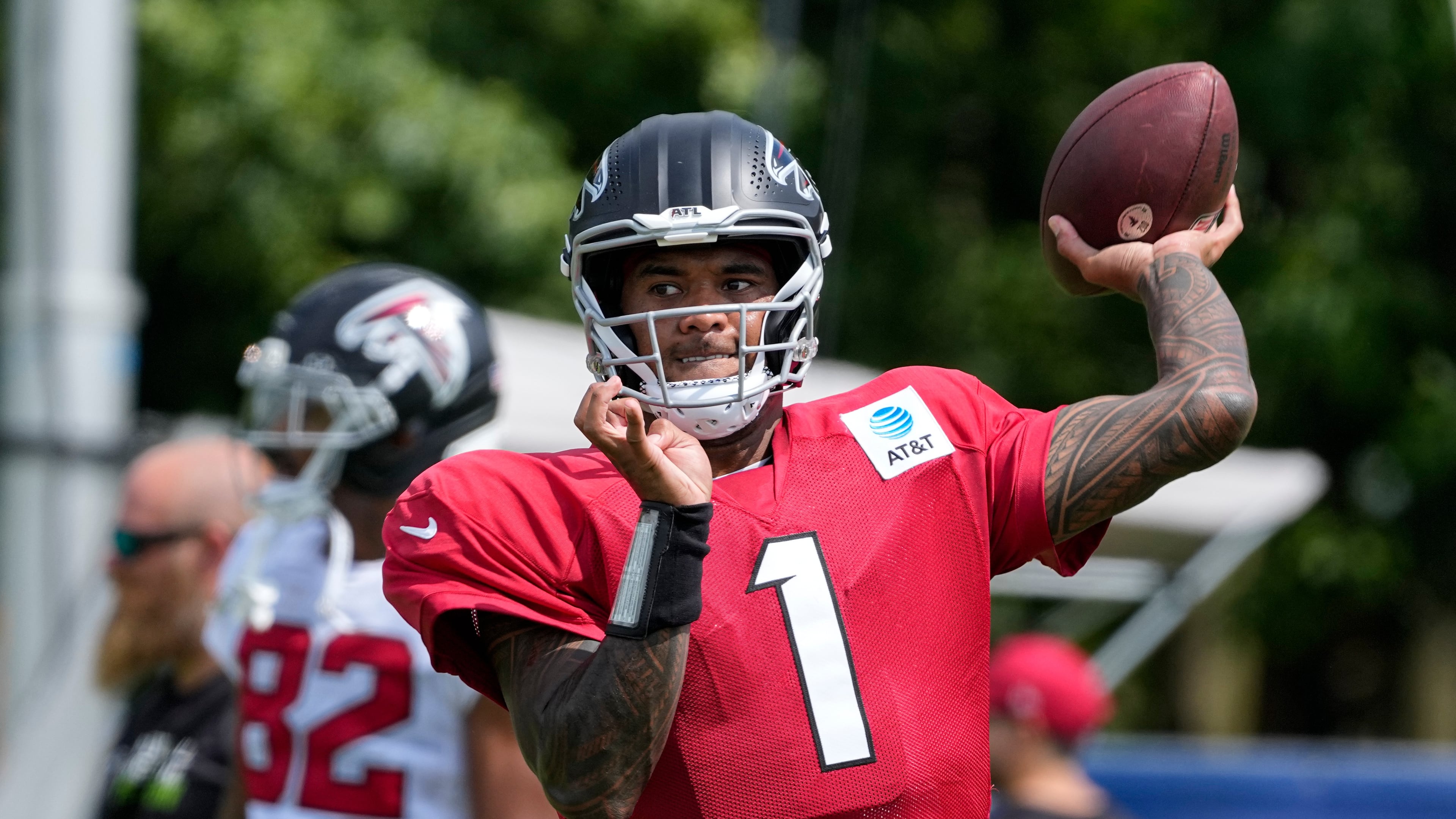Falcons quarterback Tua Tagovailoa throws during a joint practice with the Colts on Wednesday, Aug. 19, 2026, in Westfield, Ind. Tagovailoa went 8-for-13 in full-squad reps and 3-for-3 in 7-on-7s. (Michael Conroy/AP)