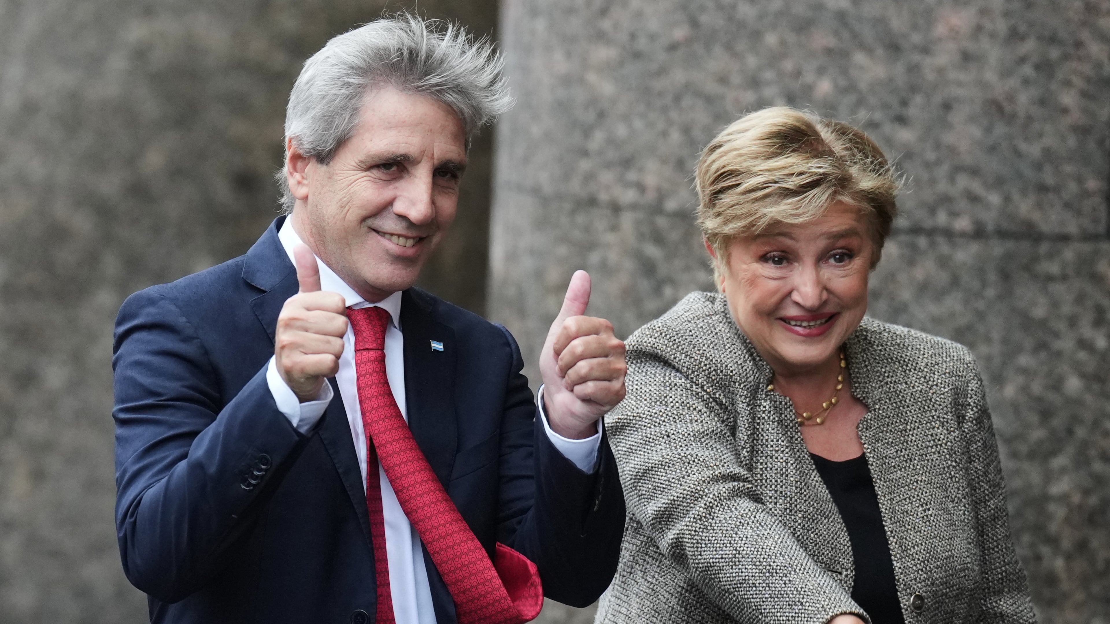President of the International Monetary Fund Kristalina Georgieva, right, and Argentina Economy Minister Luis Caputo pose for a photo as they arrive at the Economy Ministry for a meeting in Buenos Aires, Argentina, Monday, July 27, 2026. (AP Photo/Gustavo Garello)