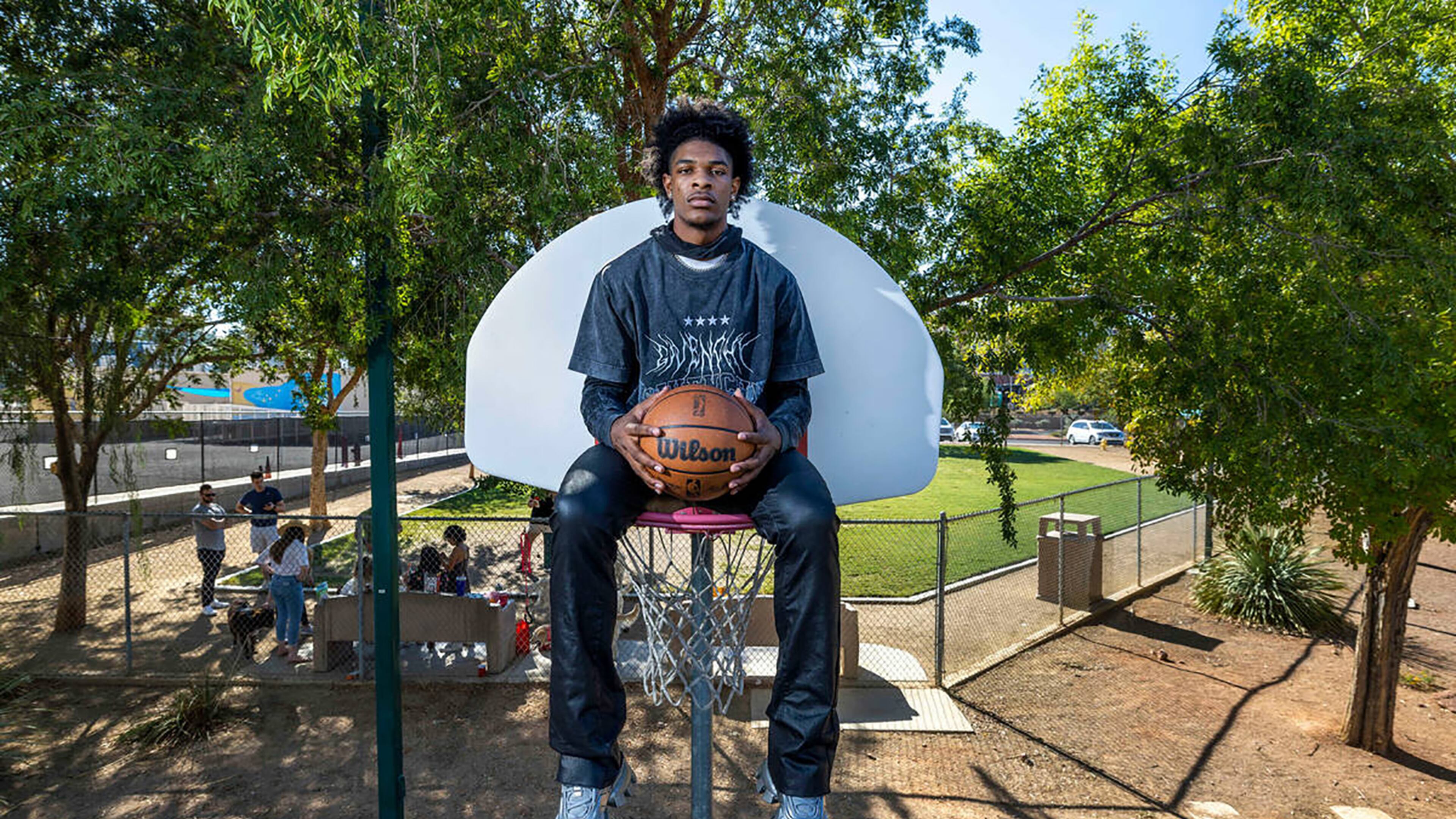 Scoot Henderson of G League Ignite on Saturday, Oct. 1, 2022, in Henderson, Nevada. He takes a break from practice hanging out on the basketball court at Dos Escuelas Park not far from his home. (L.E. Baskow/Las Vegas Review-Journal/TNS)