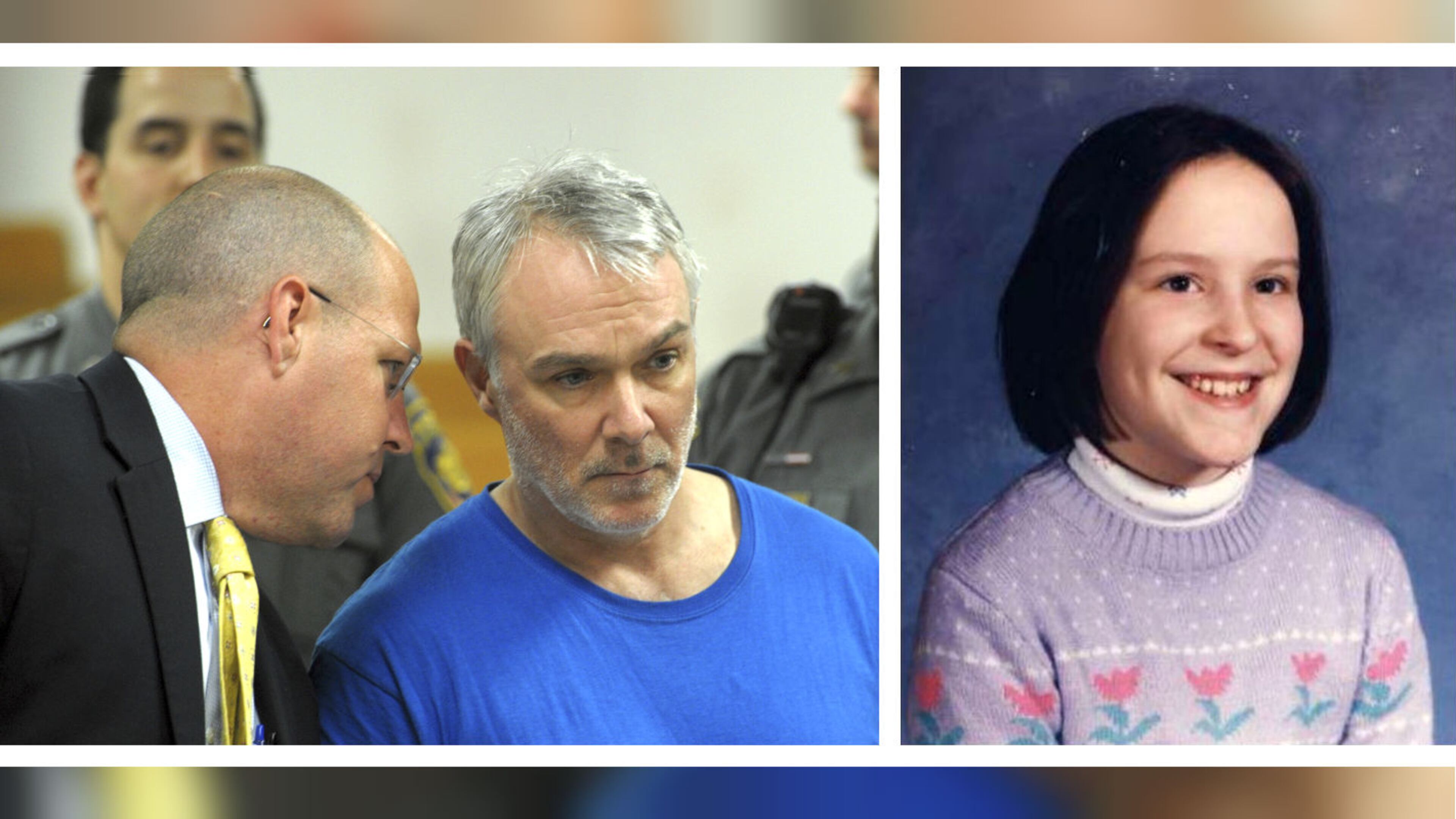 Marc Karun listens to his attorney Monday, June 17, 2019, during his arraignment in Norwalk Superior Court in Norwalk, Conn. Karun, 53, of Stetson, Maine, was arrested last week and charged with murder with special circumstances and first-degree kidnapping in the 1986 killing of 11-year-old Kathleen Flynn, at right, of Norwalk. The middle school student was raped and strangled as she walked home from school.