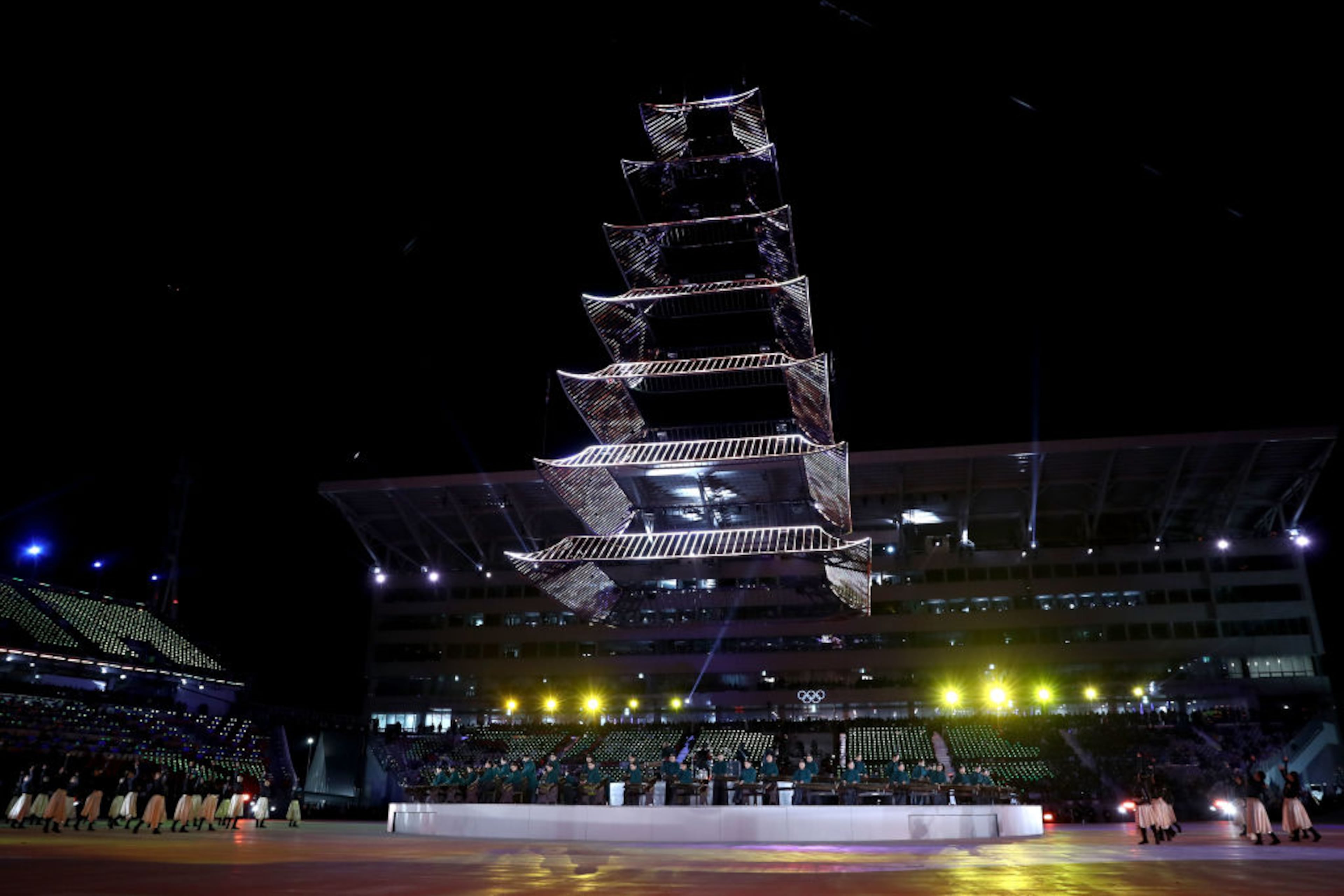 PYEONGCHANG-GUN, SOUTH KOREA - FEBRUARY 25: Performers dance during the Closing Ceremony of the PyeongChang 2018 Winter Olympic Games at PyeongChang Olympic Stadium on February 25, 2018 in Pyeongchang-gun, South Korea. (Photo by Dan Istitene/Getty Images)