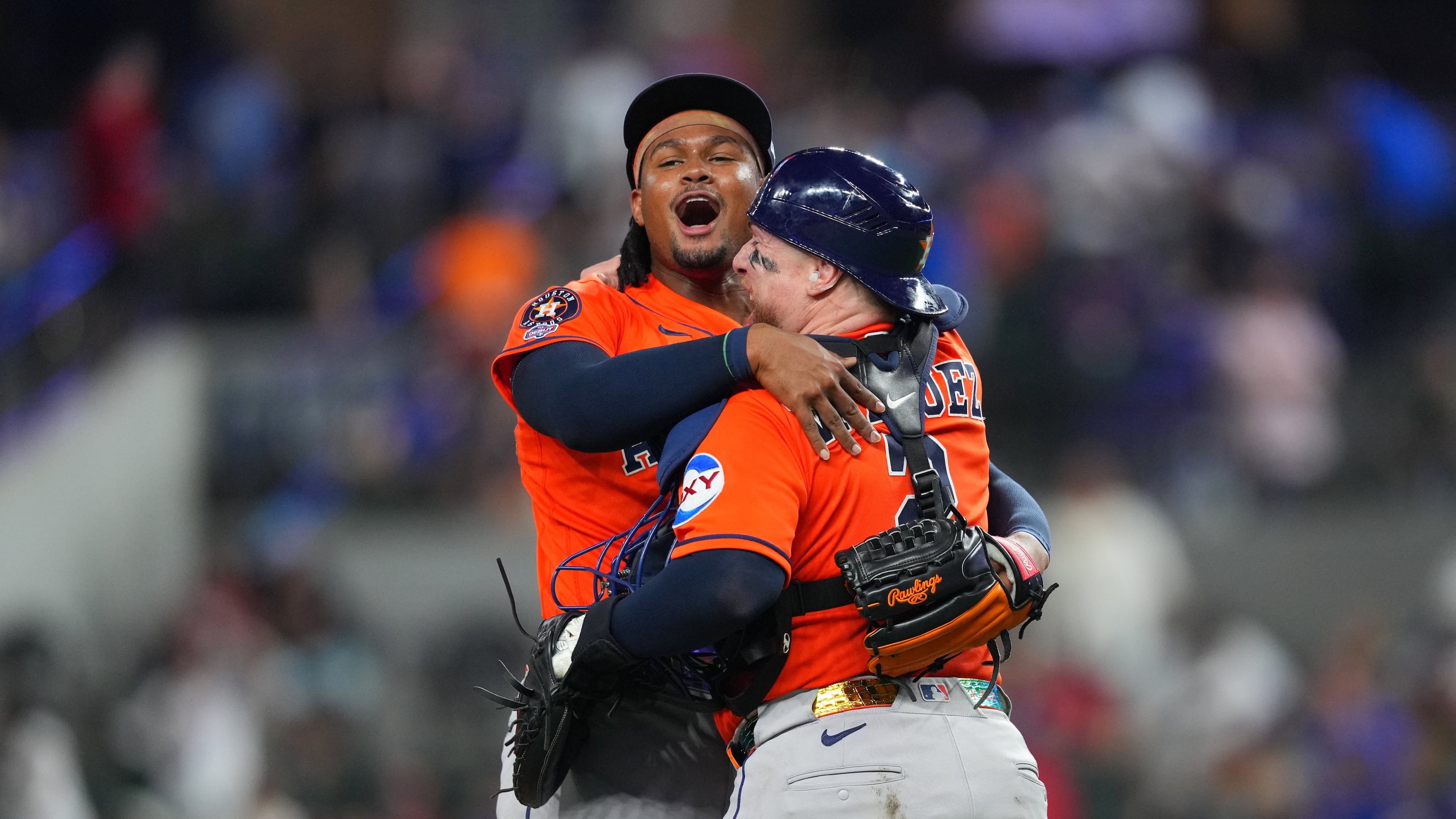 Houston Astros pitcher Alimber Santa, left, reacts with catcher Christian Vázquez after completing their team's combine no-hitter win over the Texas Rangers during a baseball game Monday, May 25, 2026, in Arlington, Texas. (AP Photo/Julio Cortez)