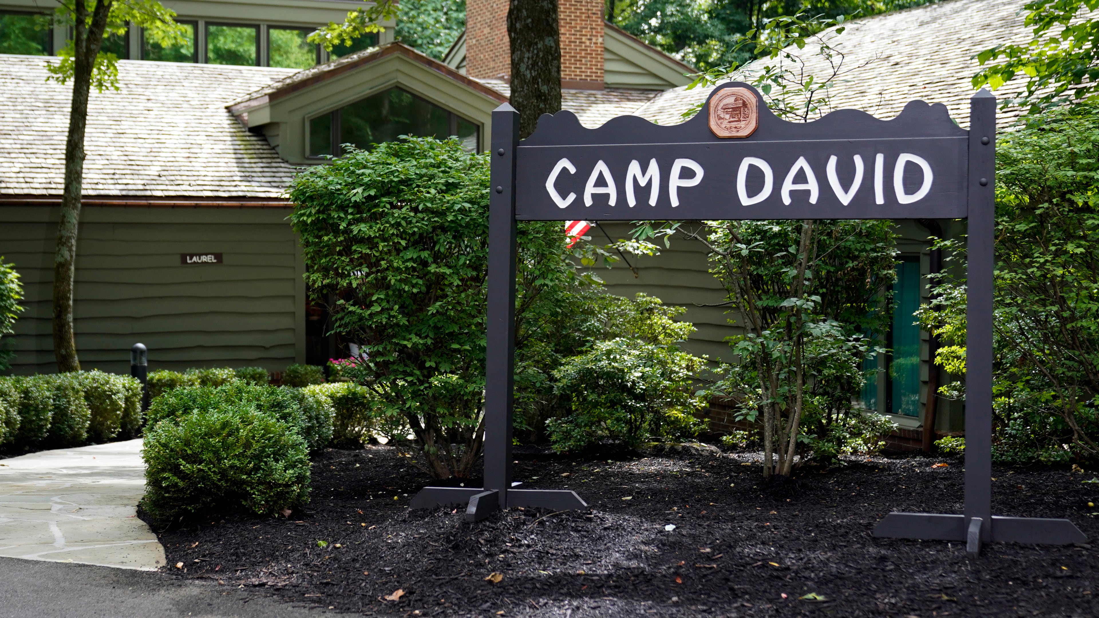 FILE - A sign for Camp David, the presidential retreat, is pictured near Thurmont, Md., Aug. 18, 2023. (AP Photo/Andrew Harnik, File)