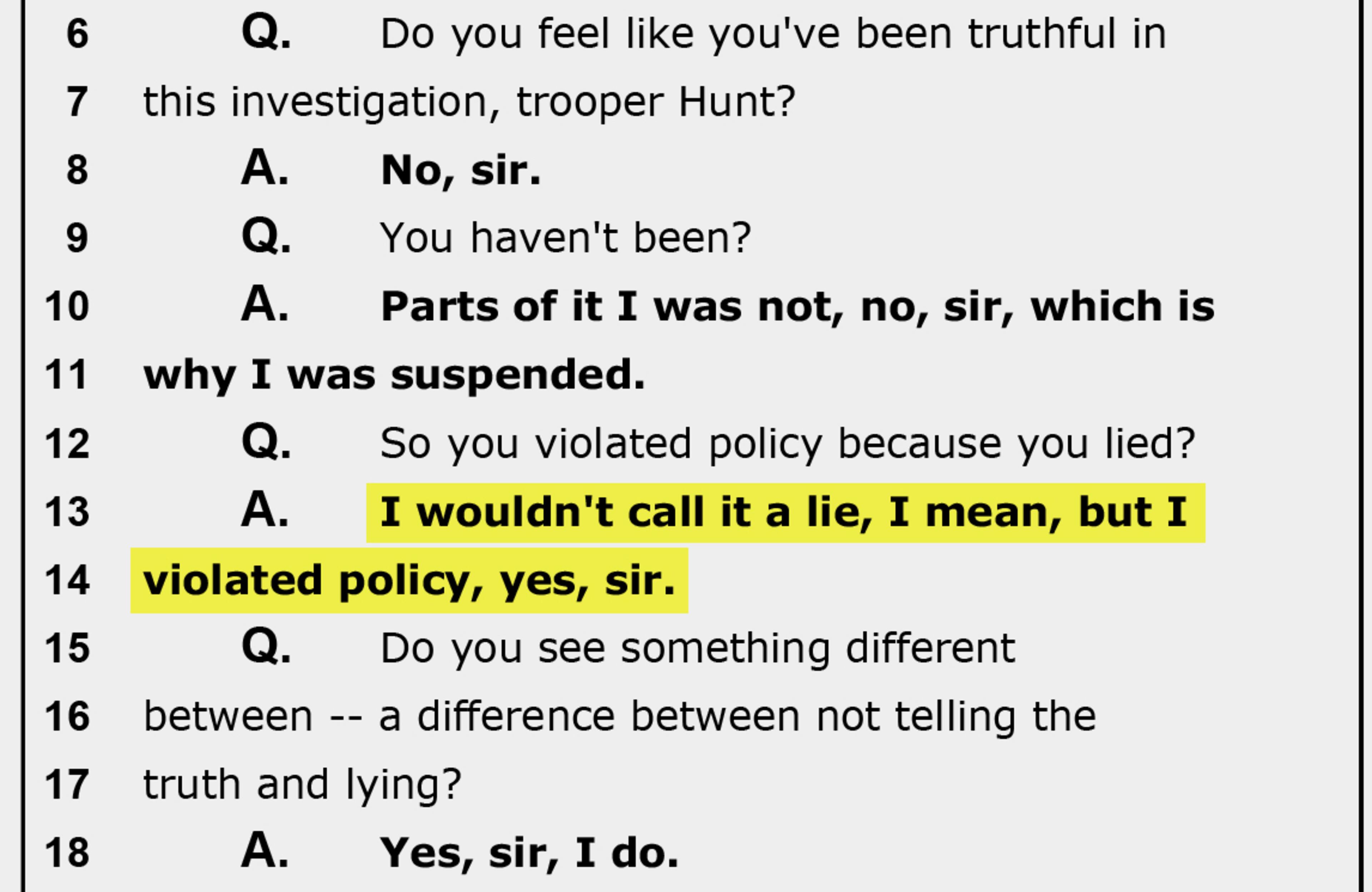 Trooper William Hunt stated in a deposition that he hadn't been completely truthful during the investigation into the pursuit and crash that killed Ruthie Richardson, but denied that he outright lied. (Ga. State Court of Tift County)