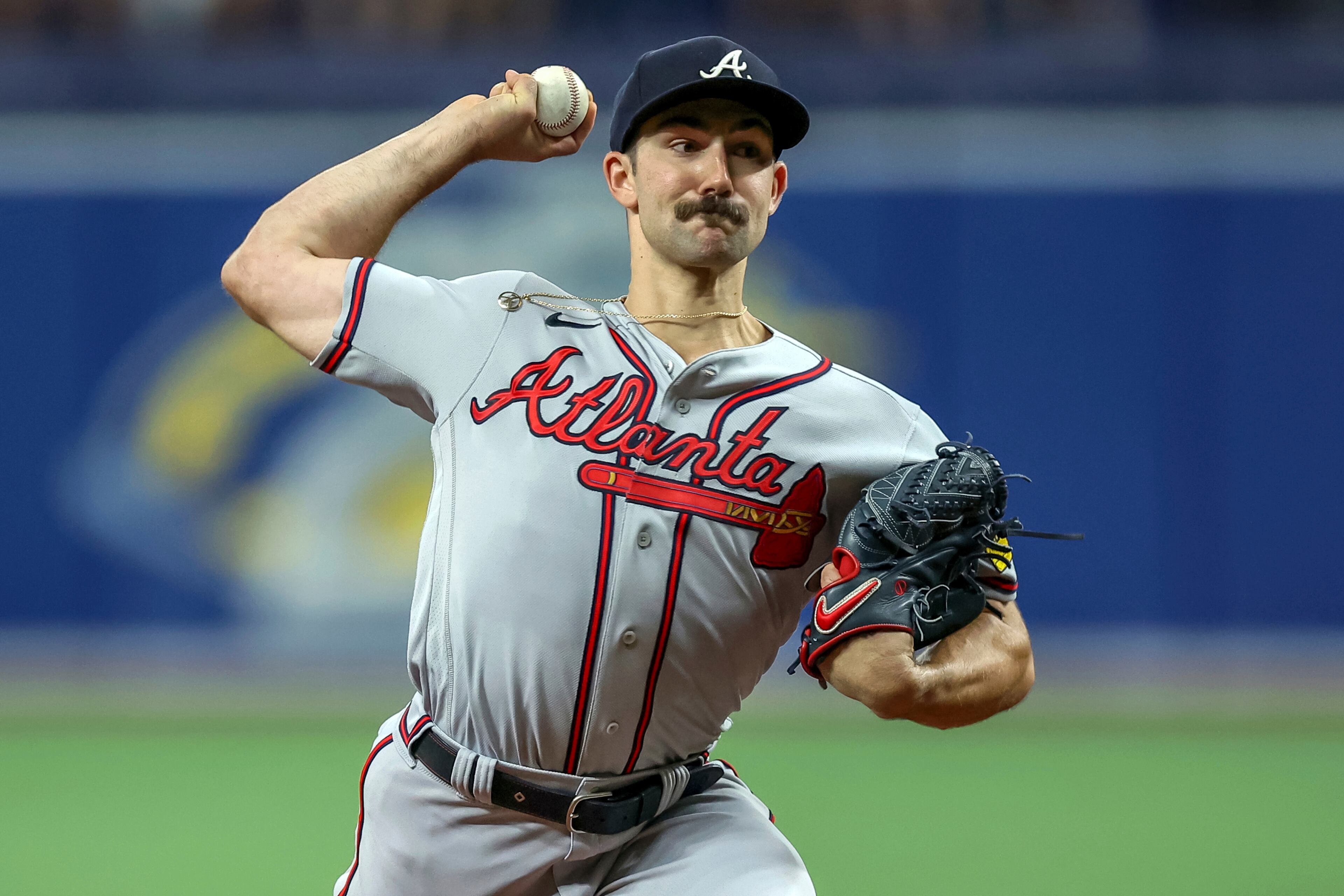 Atlanta Braves starting pitcher Spencer Strider throws against the Tampa Bay Rays during the second inning of a baseball game Saturday, July 8, 2023, in St. Petersburg, Fla. (AP Photo/Mike Carlson)