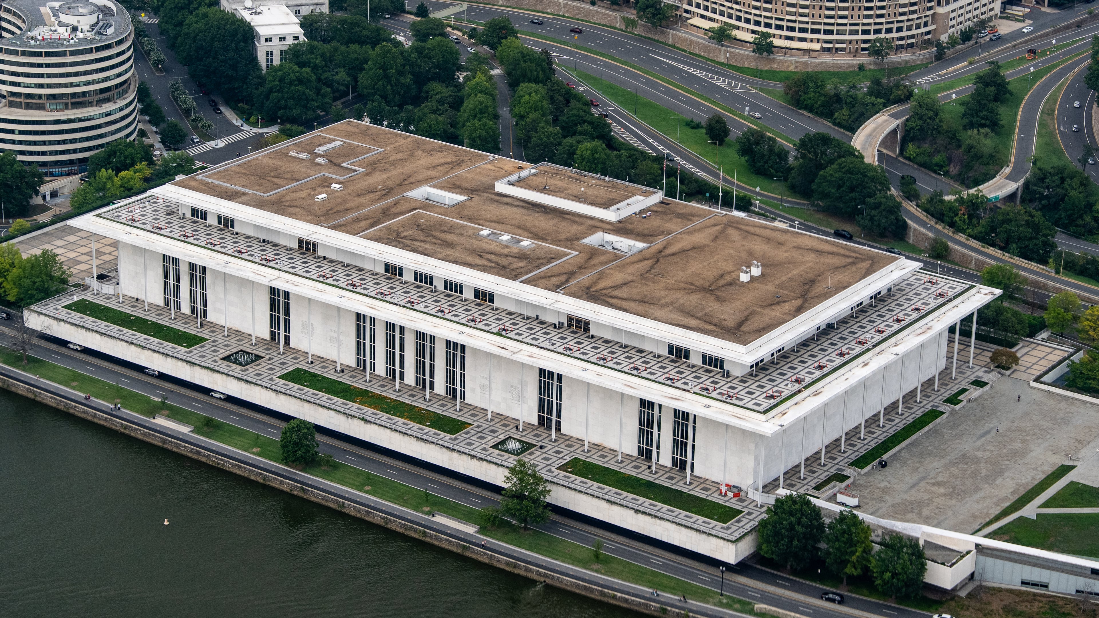 The Kennedy Center is seen from the air in Washington, Saturday, Aug. 15, 2026. (AP Photo/Alex Brandon)