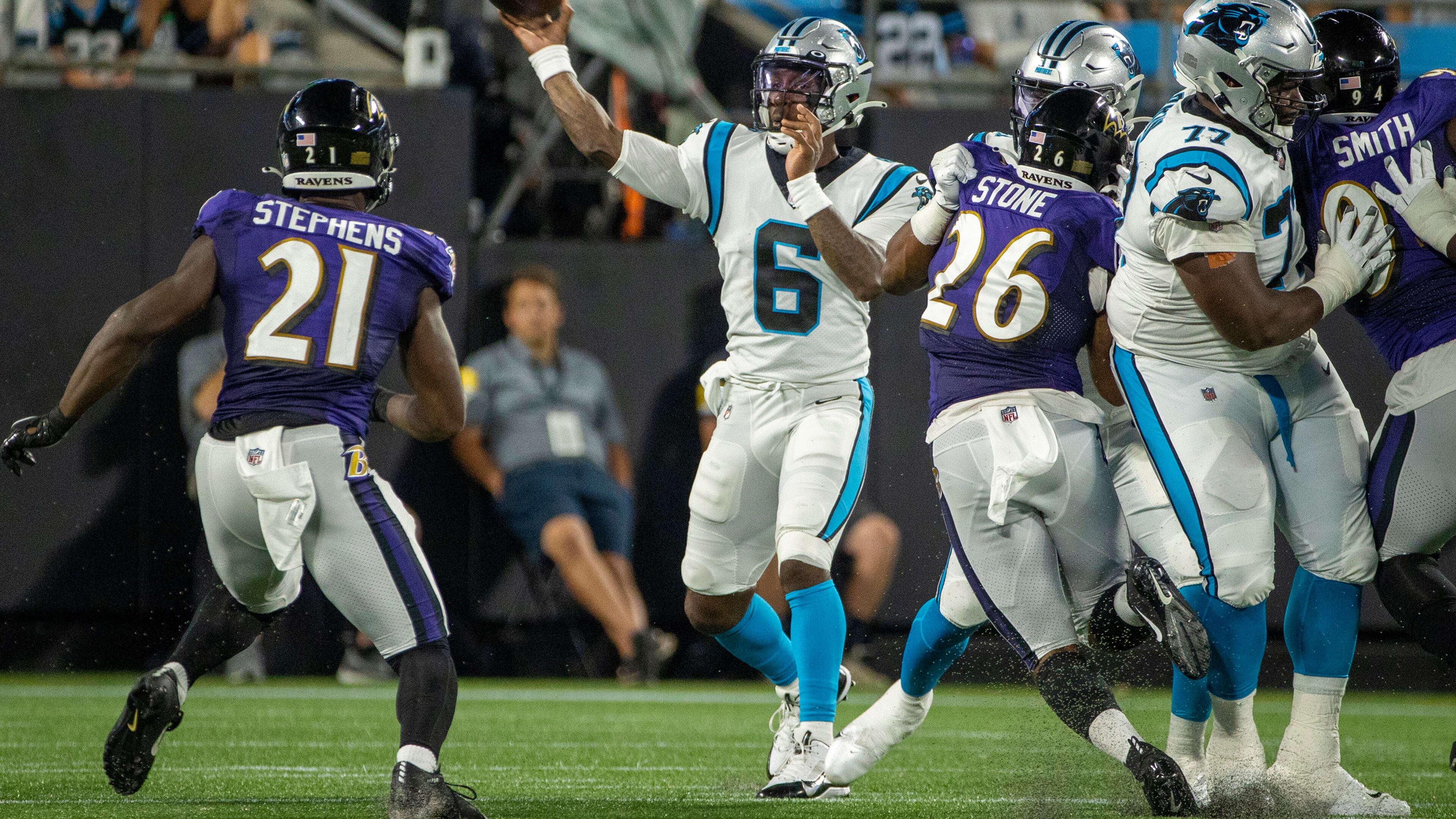 Carolina Panthers quarterback P.J. Walker (6) throws the ball against the Baltimore Ravens during the second half of a preseason game at Bank of America Stadium on Saturday, Aug. 21, 2021, in Charlotte, North Carolina. (Chris Keane/Getty Images/TNS)
