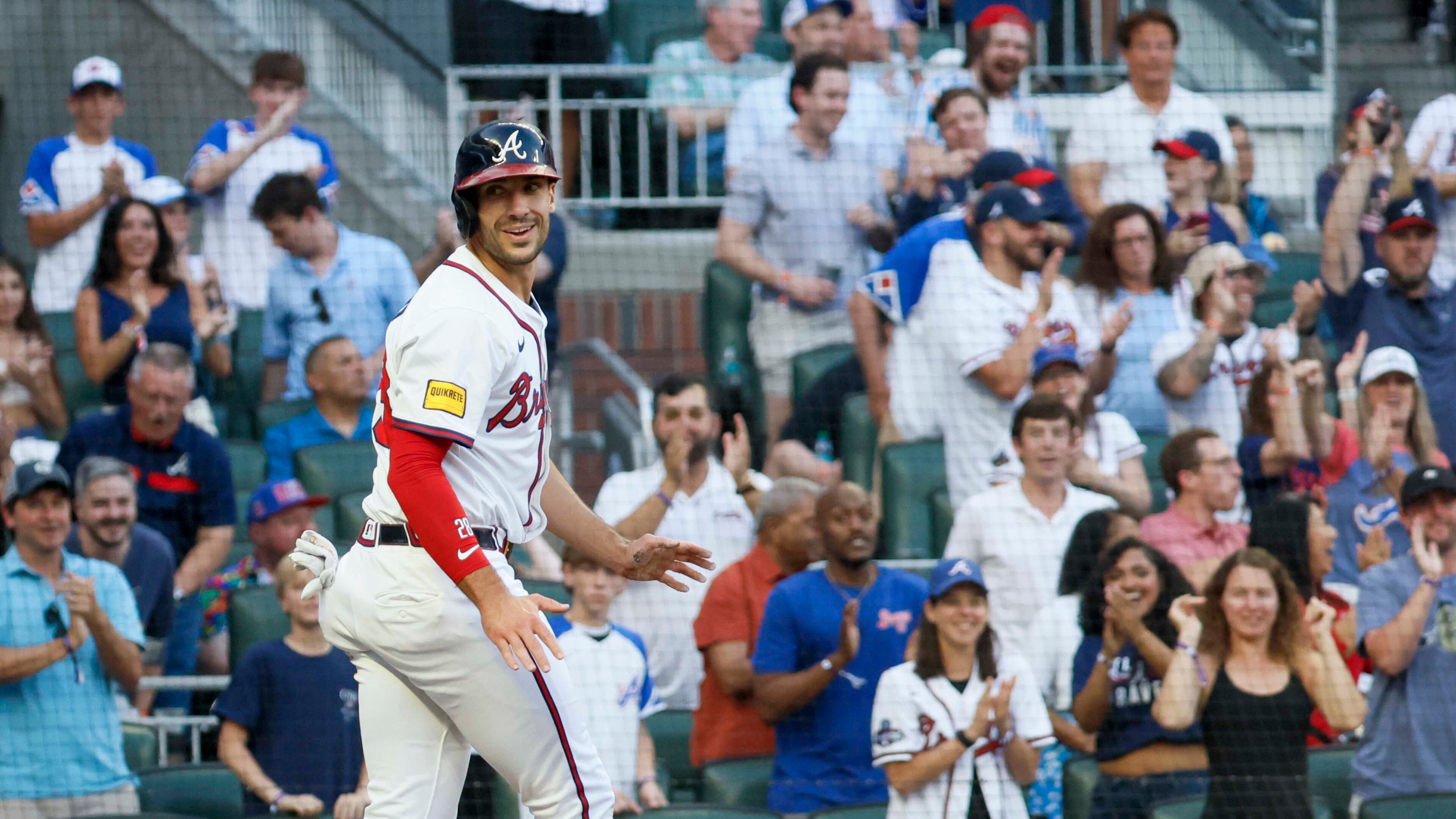 Atlanta Braves first baseman Matt Olson smiles after scoring his team’s second run against the Arizona Diamondbacks at Truist Park on Tuesday, June 3, 2025, in Atlanta.
(Miguel Martinez/AJC)