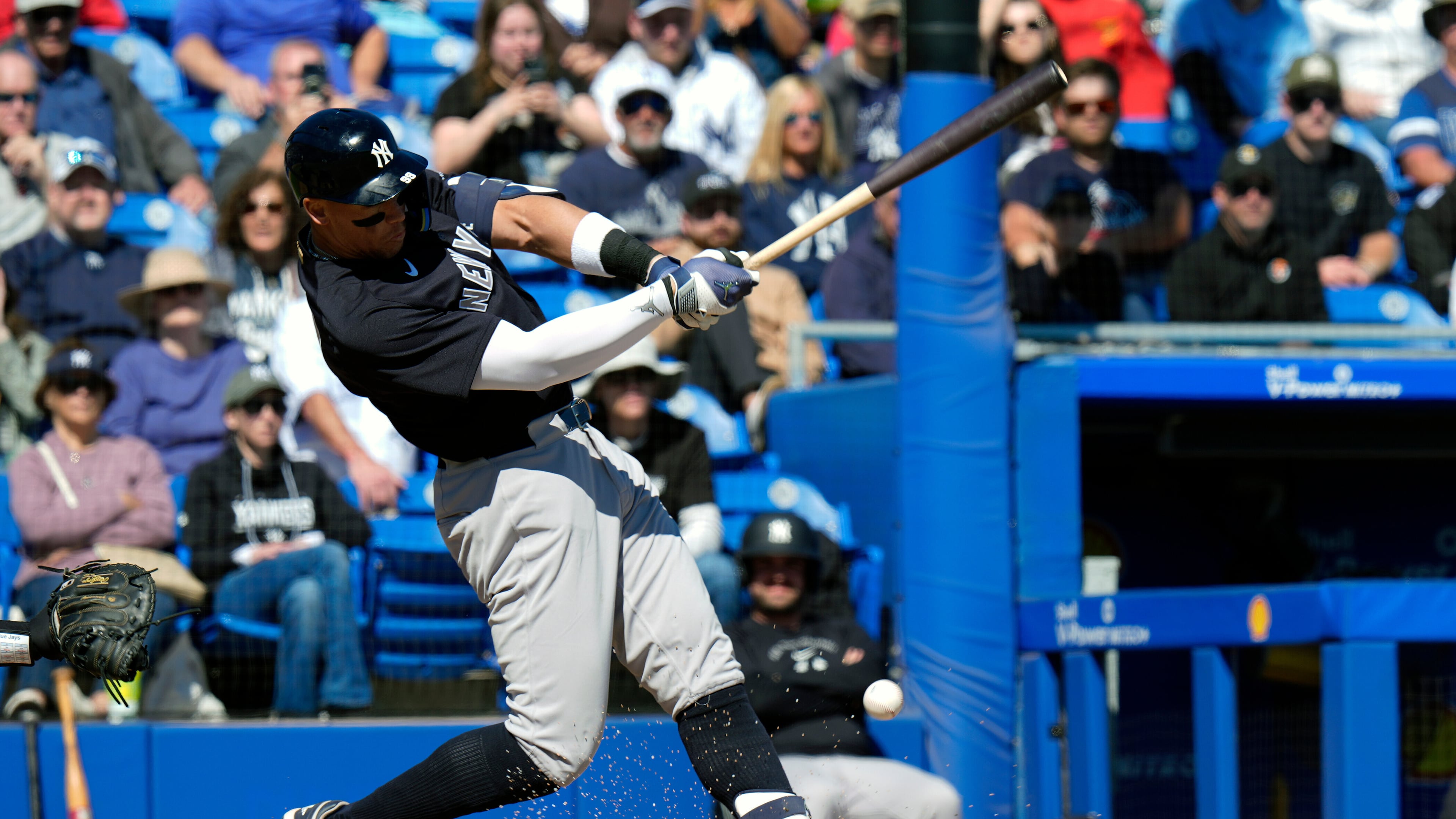 New York Yankees' Aaron Judge connects for a single off Toronto Blue Jays pitcher Jesse Hahn during the fifth inning of a spring training baseball game Tuesday, Feb. 24, 2026, in Dunedin, Fla. (AP Photo/Chris O'Meara)