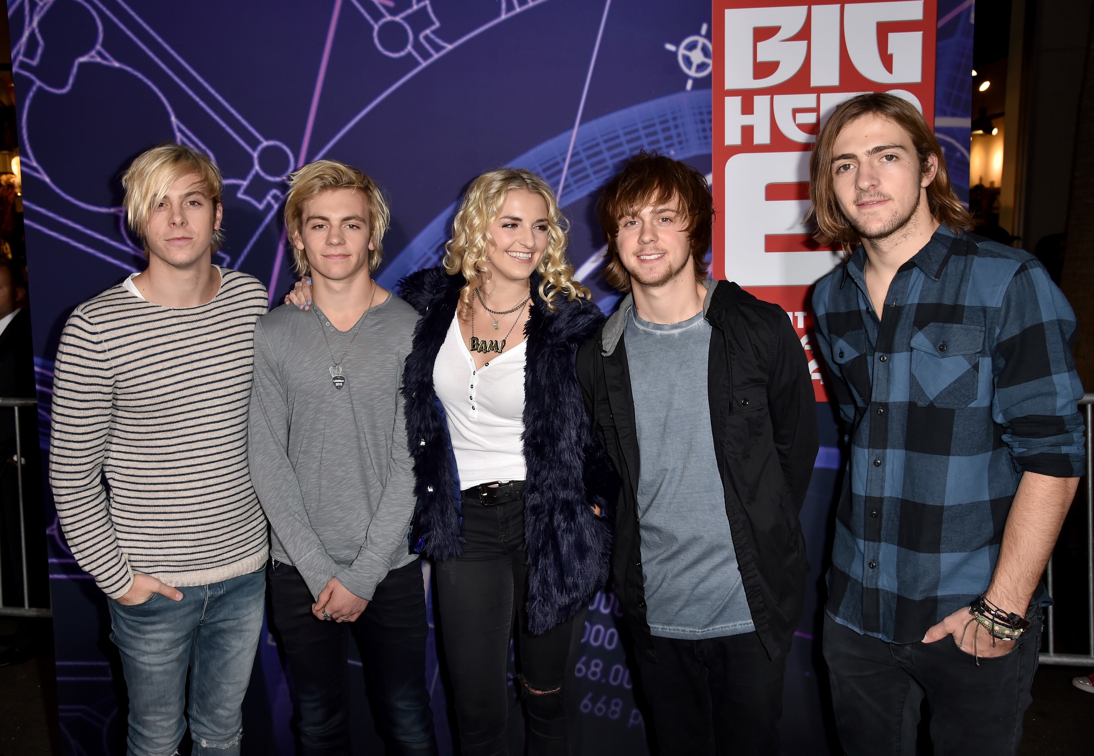 HOLLYWOOD, CA - NOVEMBER 04: (L-R) Riker Lynch, Ross Lynch, Rydel Lynch, Ellington Ratliff and Rocky Lynch of R5 attend the premiere of Disney's "Big Hero 6" at the El Capitan Theatre on November 4, 2014 in Hollywood, California. (Photo by Kevin Winter/Getty Images)